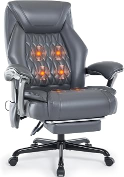 Massage Office Chair, Ergonomic Executive Reclining Leather Desk Chair | Foot Rest, 6 Points Vibration & Heat, Thick Padded Seat, Wide Padded Armrests, Breathable PU Leather Comfy Chair