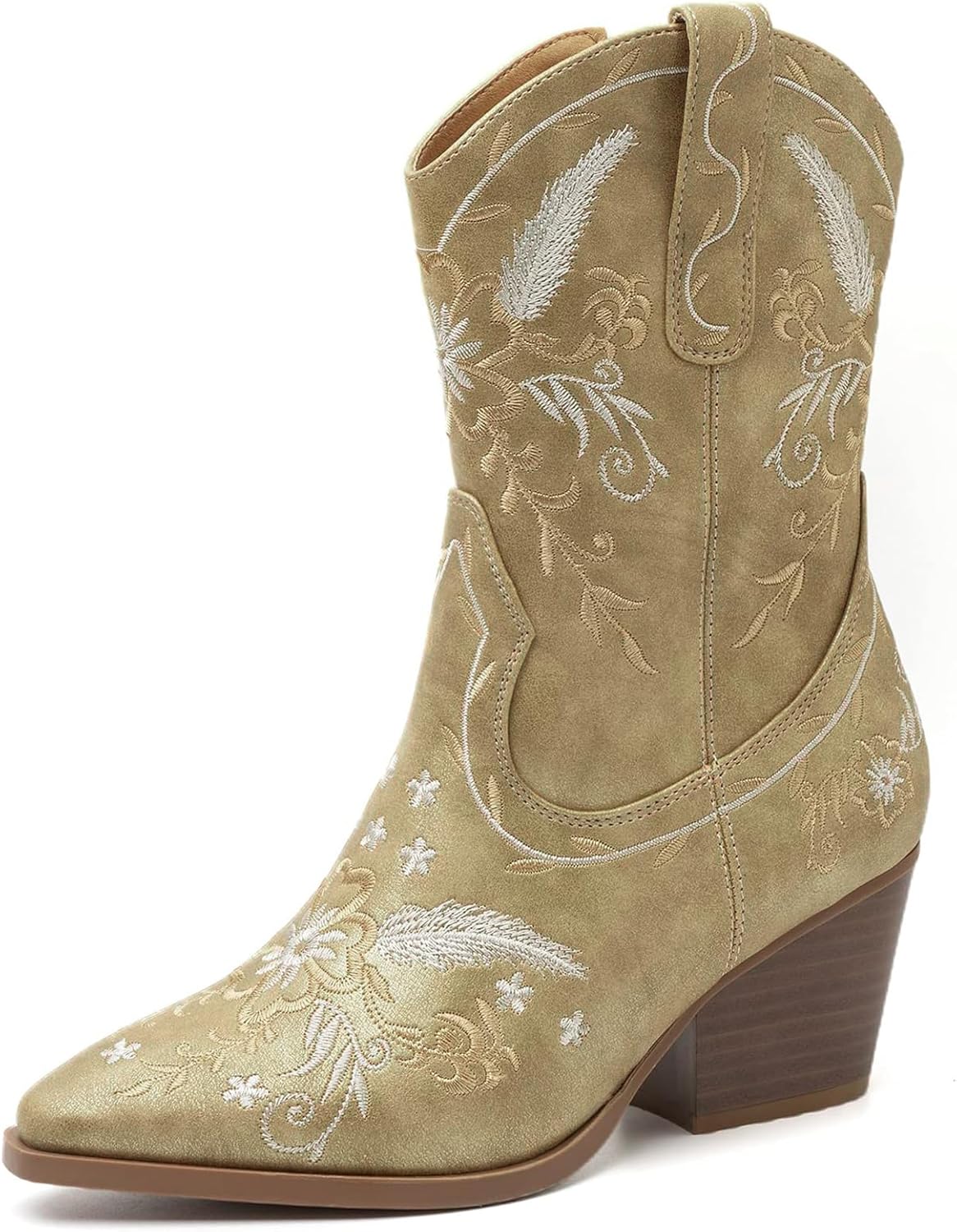 ANJOUFEMME Western Women's Cowboy Cowgirl Boots,Embroidered Round-toe Mid-calf Boots