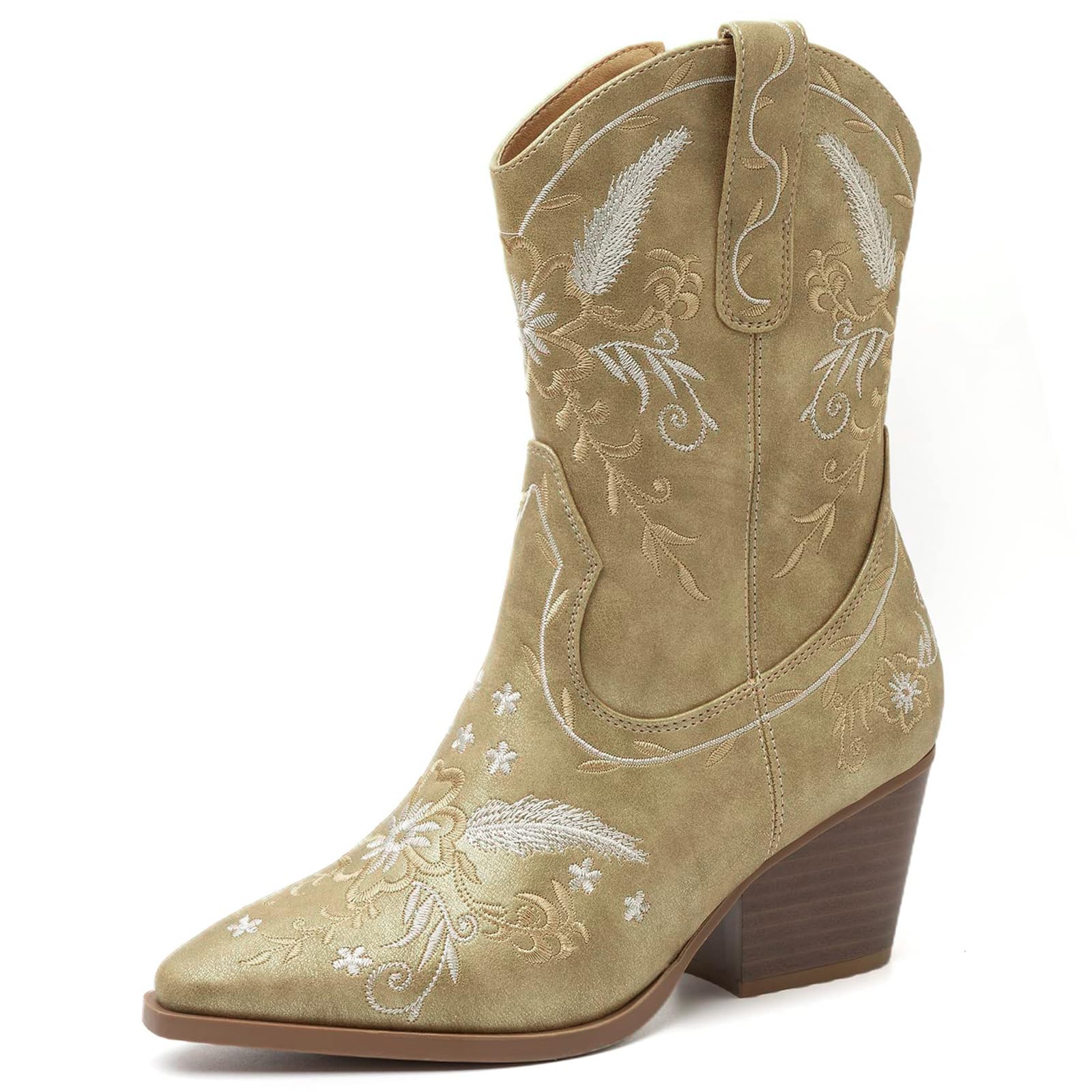ANJOUFEMME Western Women's Cowboy Cowgirl Boots,Embroidered Round-toe Mid-calf Boots