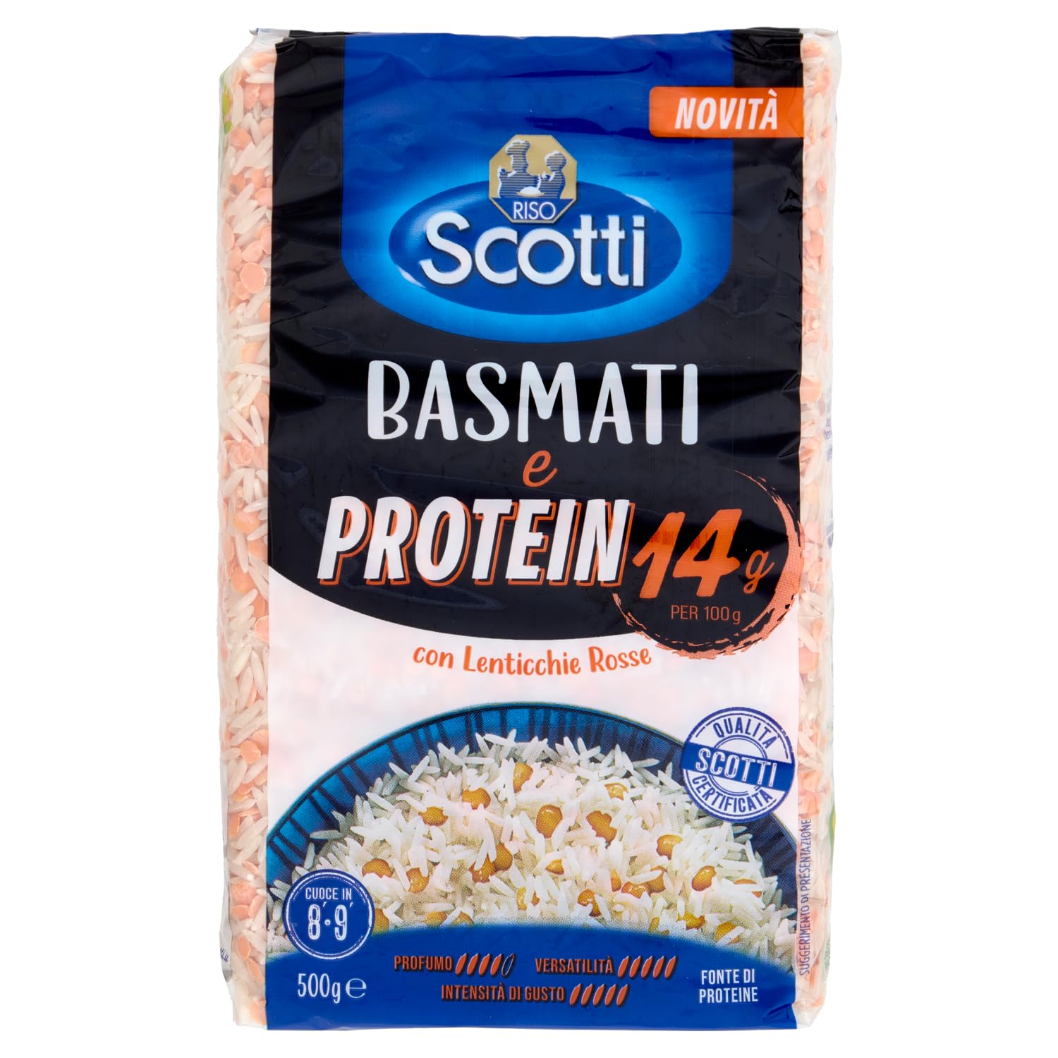 Italian Gourmet Riso Basmati e Proteine rote Linsen 12 x 500g pflanzlich | Con legumi, chicchi aromatici; nahrhaft, ausgewogen, für vegane Bowls, Gesamtnettogewicht 6 kg + Kostenlos Polpa 400g