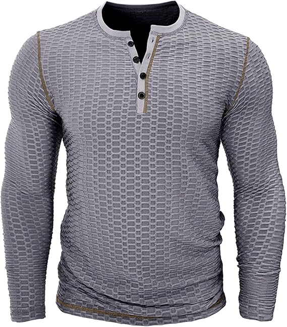 Men's Long Sleeve T-Shirt Button Henley Shirt Casual Slim Workout Tops Stretch A&hellip;