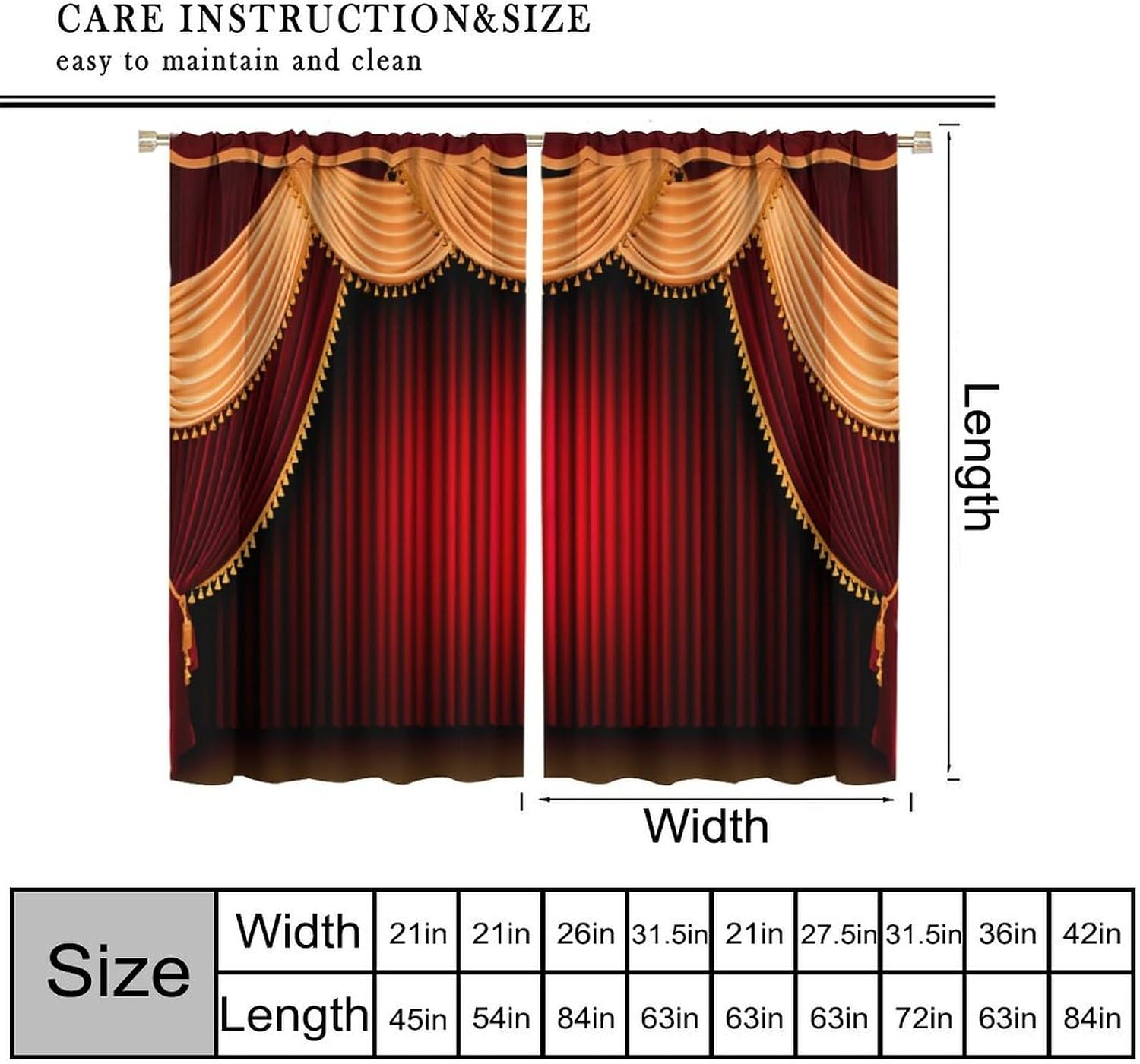 Movie Theater Blackout Curtains Vintage Red Gold Classic Elegant Cinema Theater Art Print Bedroom Living Room Rod Pocket Decoration Window Drapes 2 Panels W21xL45in