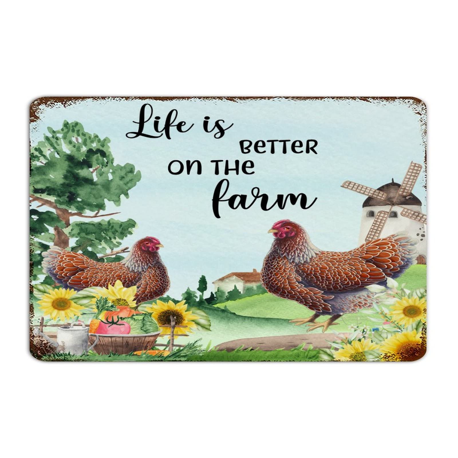 Life Is Better on The Farm Hanging Tin Signs Country Terrace Signs Hen Art Cockerel Rooster Wall Decorations Metal Plaque for Laundry Coffee Bar Garden 8x12 Inch
