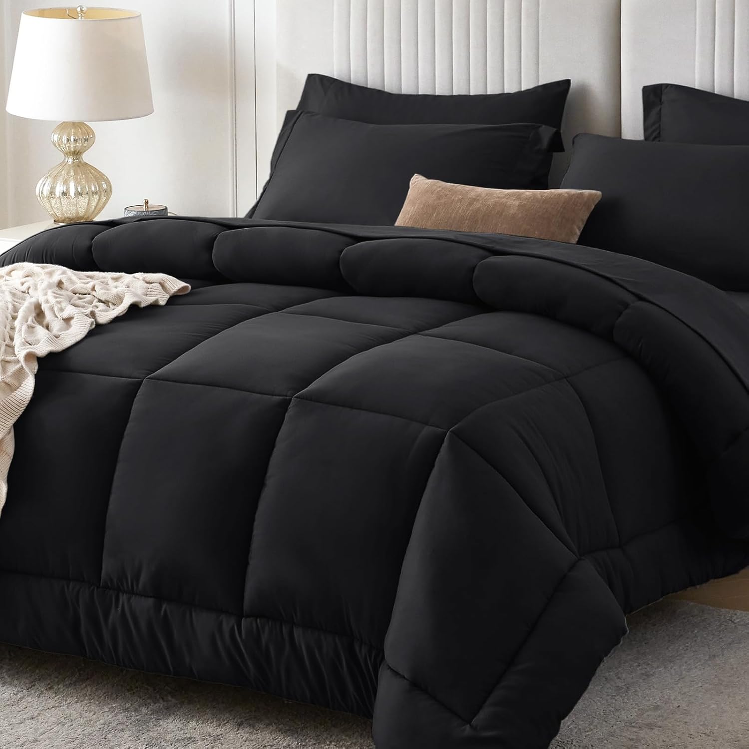 Sasttie Queen Comforter Set Black 7 Pieces Bed in a Bag Queen Complete Bedding Set Includes Comforter Flat