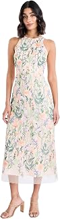 Maggy London Women's Floral Embroidered Halter Neck Midi Dress - Elegant A-Line Silhouette for Garden Parties & Special Occasions
