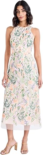 Maggy London Vestido midi con cuello halter bordado floral con cuello en V en la espalda