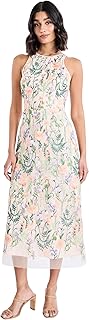 Women's Dresses Floral Embroidered Halter Neck Midi Dress with Back V-Neck