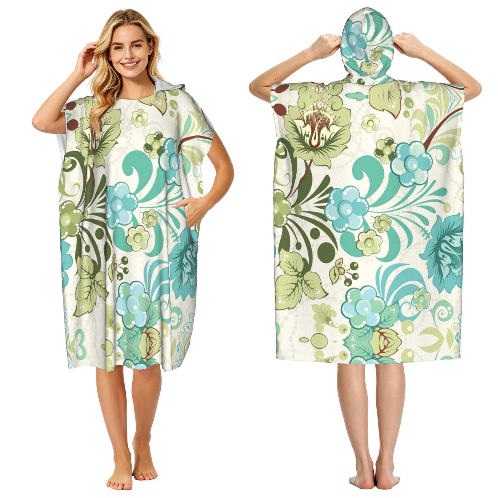 Poncho microfibre léger imprimé floral vert natation été