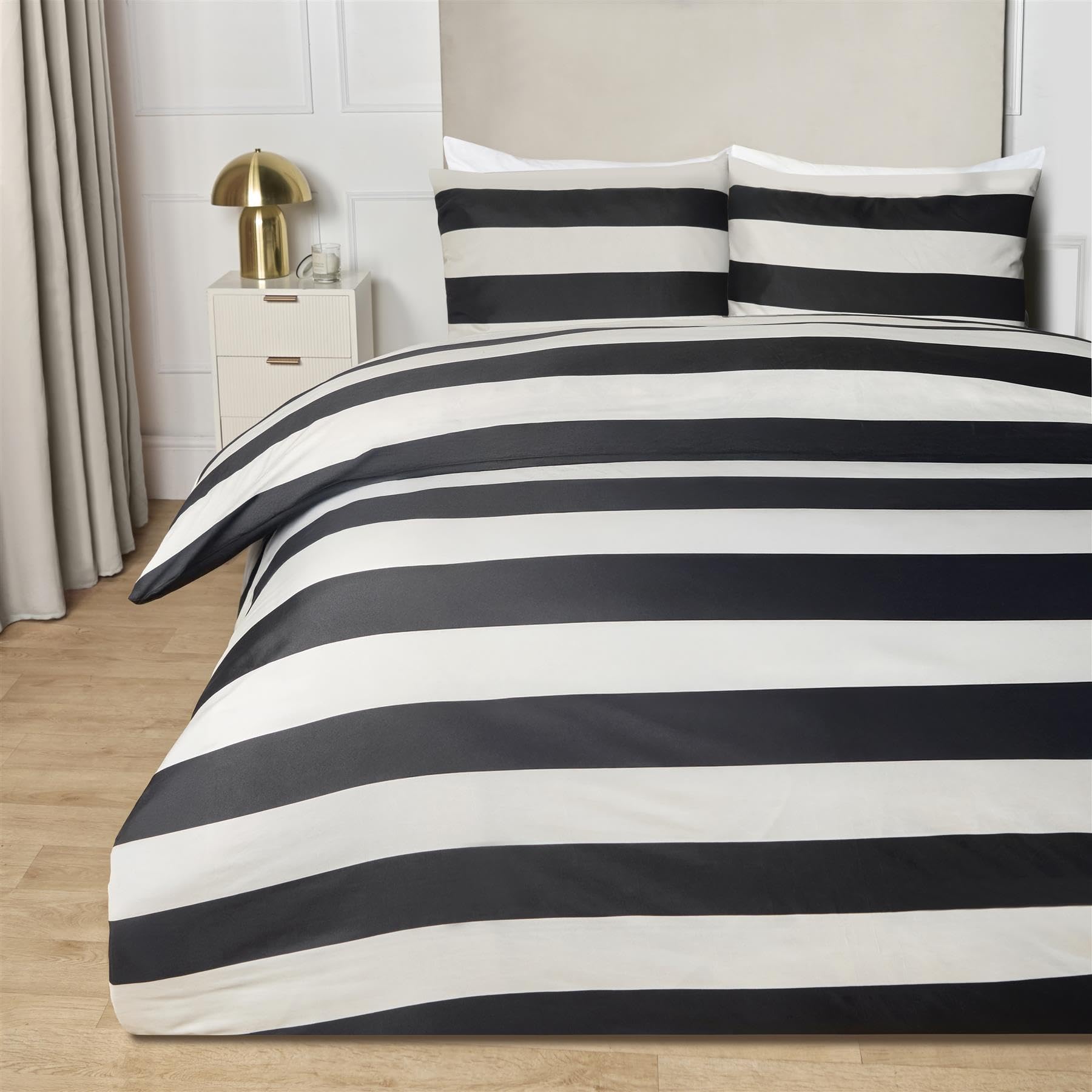 Ohs Mono - Stripe Double Duvet Set Stripe, Ultra Soft Microfibre Duvet Cover Double Timeless Striped Design Warm Cosy Comfy Luxurious Bedding Set With Pillowcases, Monochrome