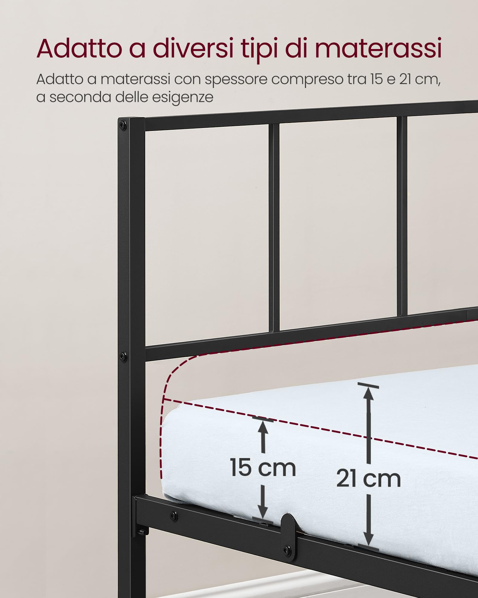 VASAGLE Struttura Letto Singolo 90 x 190 cm, Testiera, Telaio Letto in Metallo, Regge Fino a 250 kg, Facile da Montare, per Camera da Letto, Nero Inchiostro RMB291B101