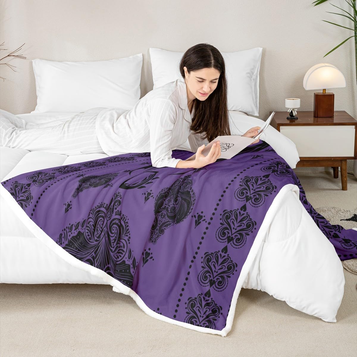 Purple Black Dragon Throw Blanket,Vintage Boho Floral Print Fleece Blanket,Paisley Pattern Fuzzy Blanket for Kids Boys Girls Adult Room Decor Exotic Trippy Sherpa Blanket,for Chair/Sofa,60"×80"
