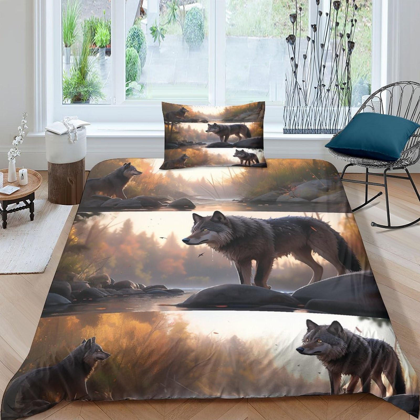 Housse de couette loup 3D parure de lit avec fermeture éclair