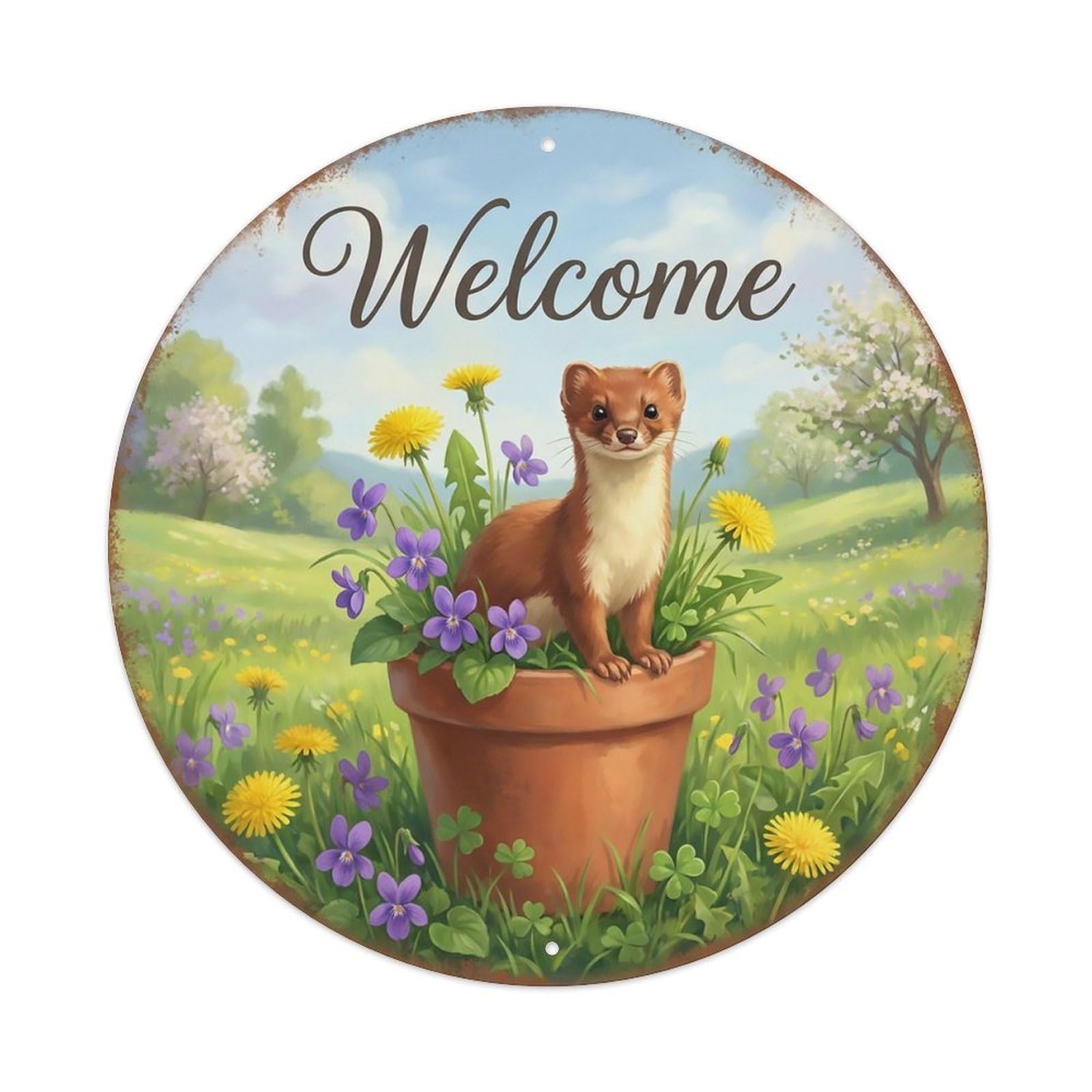 Welcome Stoat Spring Meadow Metal Tin Sign