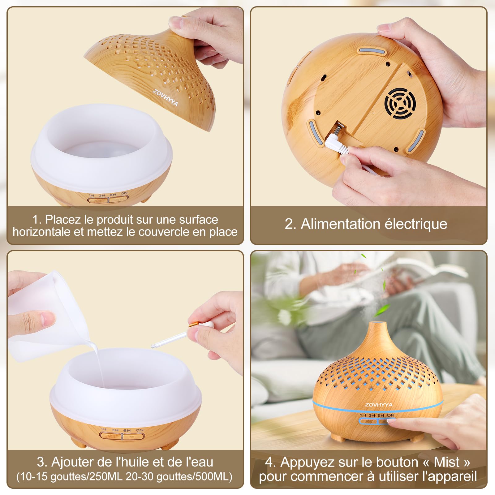 Diffuseur Huiles Essentielles 500ML Diffuseur Arômes Humidificateurs Diffuseur 14 LED avec Télécommande 3 Minuterie et Arrêt Automatique pour Salon Chambre Yoga comme Cadeau Anniversaire