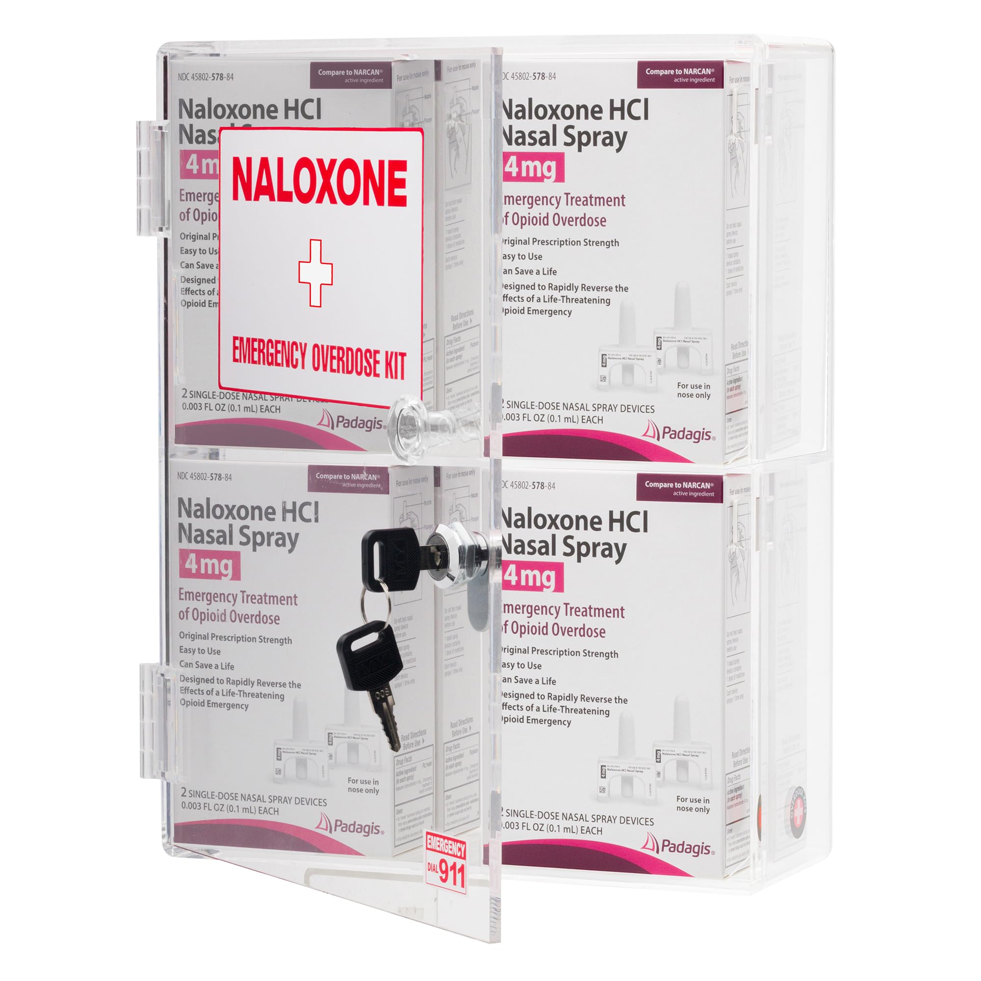 Kit de emergencia de sobredosis de naloxona para montaje en pared, diseñado a medida para espacios públicos para contener 6 cajas y accesorios de naloxona, incluyendo kits de primeros auxilios o