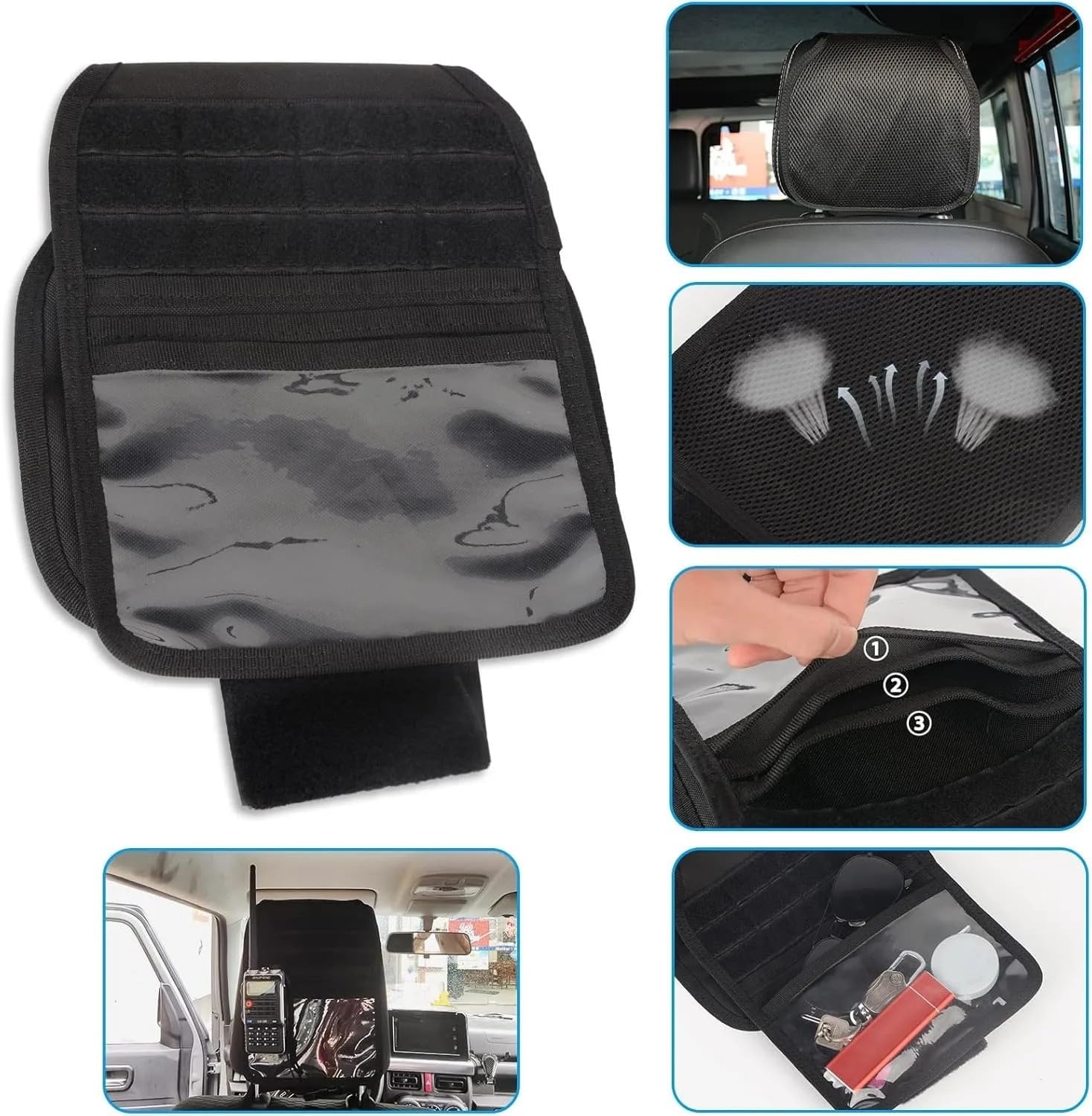 Tactical Car Seat Back Organizer, Molle Panel with 3 Detachable Pouches, Multi-Pocket System, Car Storage Back of Seat Car Organizer