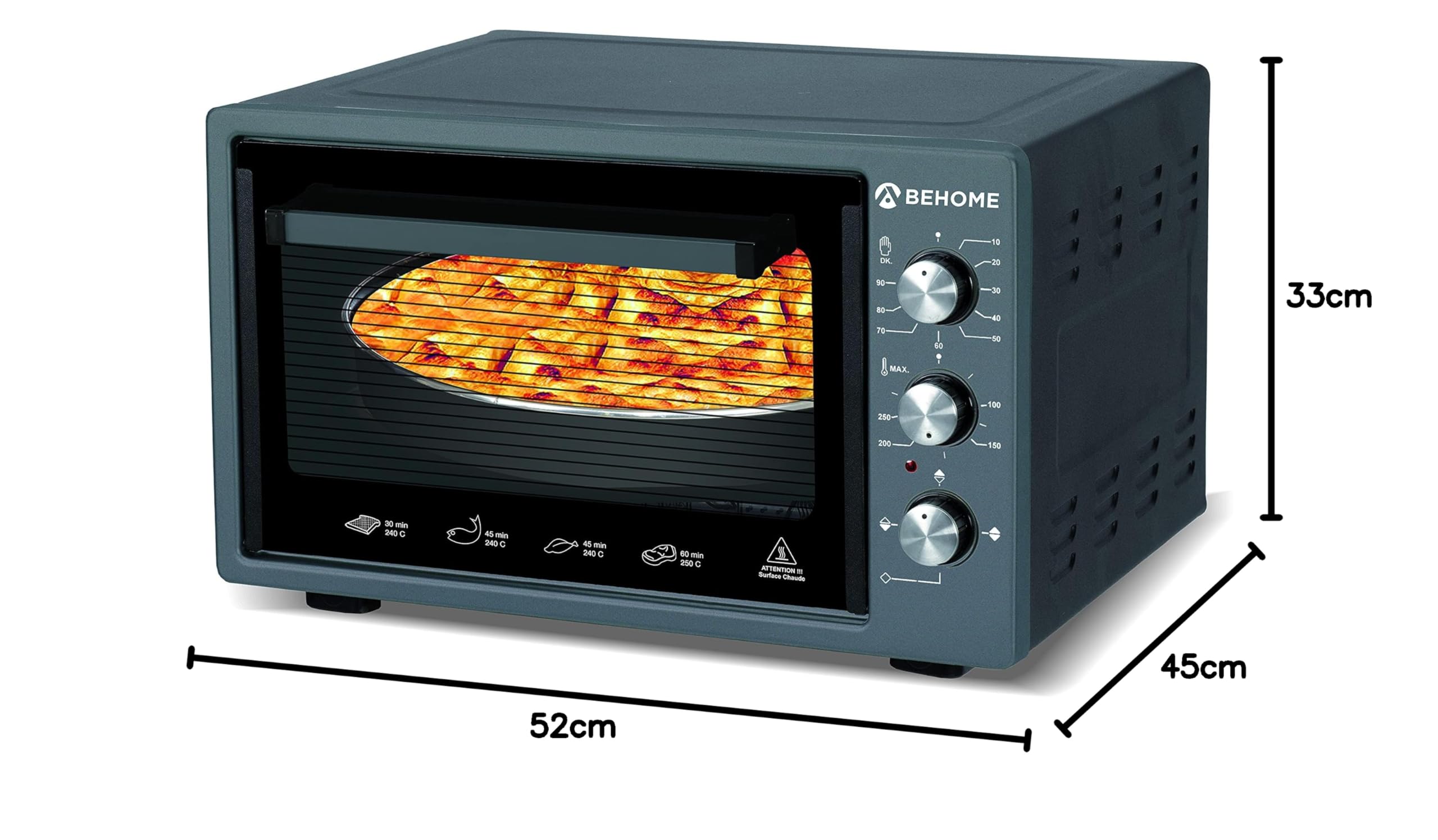 Behome Four électrique 38 litres ventilé | autonettoyant, émaillé, température jusqu'à 320 °, double verre avec lumière intérieure et minuteur 2 plaques et 1 grille (noir)