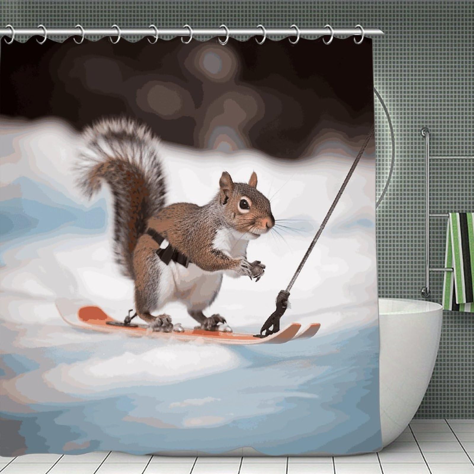FekiLoot Skiing Squirrel Shower Curtain Minimalist Thick Bathroom Curtain Washable Modern Bathroom Shower Curtain Heavy Duty Waterproof Cloth Bath Curtain with Hooks 70.8"x70.8"