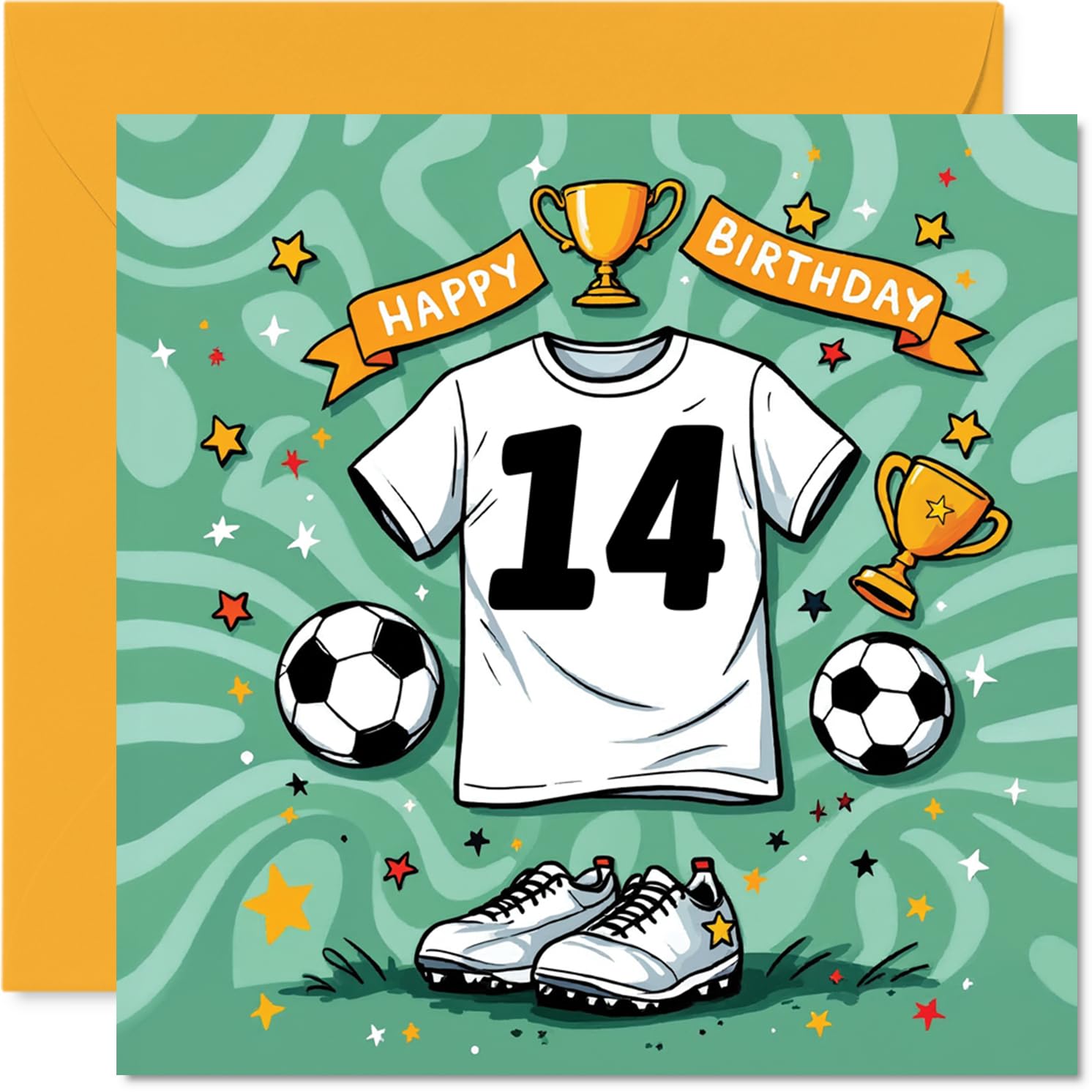 14th Birthday Cards for Girls Boys - Football Shirt - Happy Birthday Card for 14 Year Old Girl Boy Son Grandson Niece Brother, 145mm Bday Greeting Cards