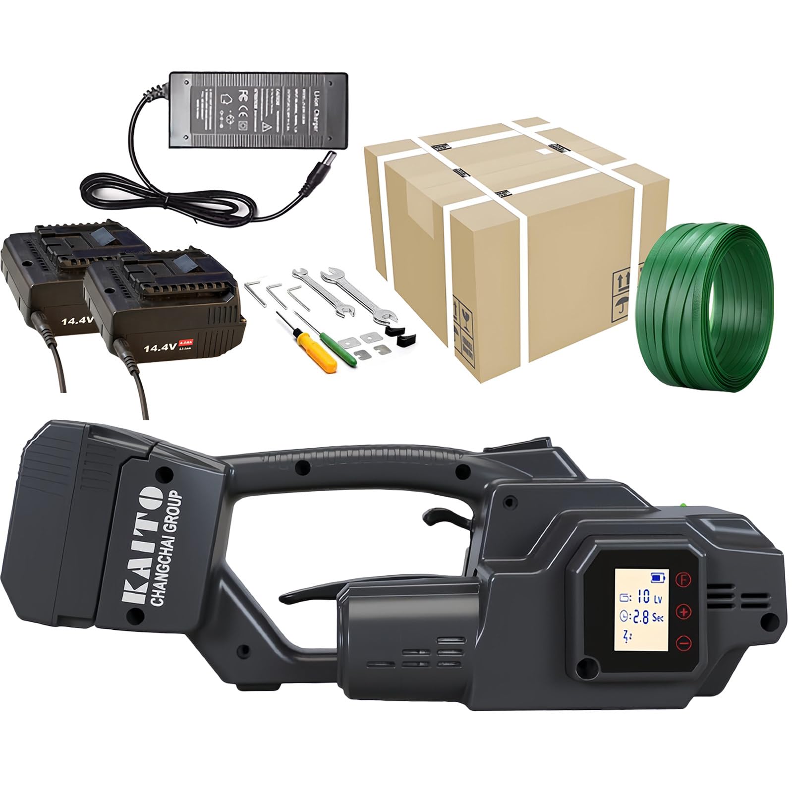 YXYLJOZ 3800N Electric Strapping Machine with 4000mAh Battery, Automatic Digital Tensioner for 7-19mm PP/PET Strapping, Portable Baler for Boxes & Pallets (2 Battery)