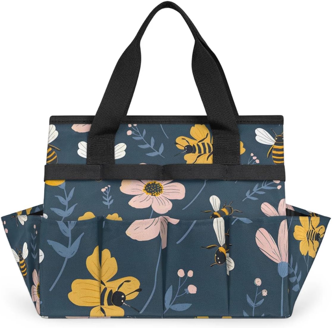 Garden Tote Bag with Pockets Bee Flower Gardening Bags for Tools Organizer Heavy Duty Storage Bag with Handle for Lawn Yard Casual