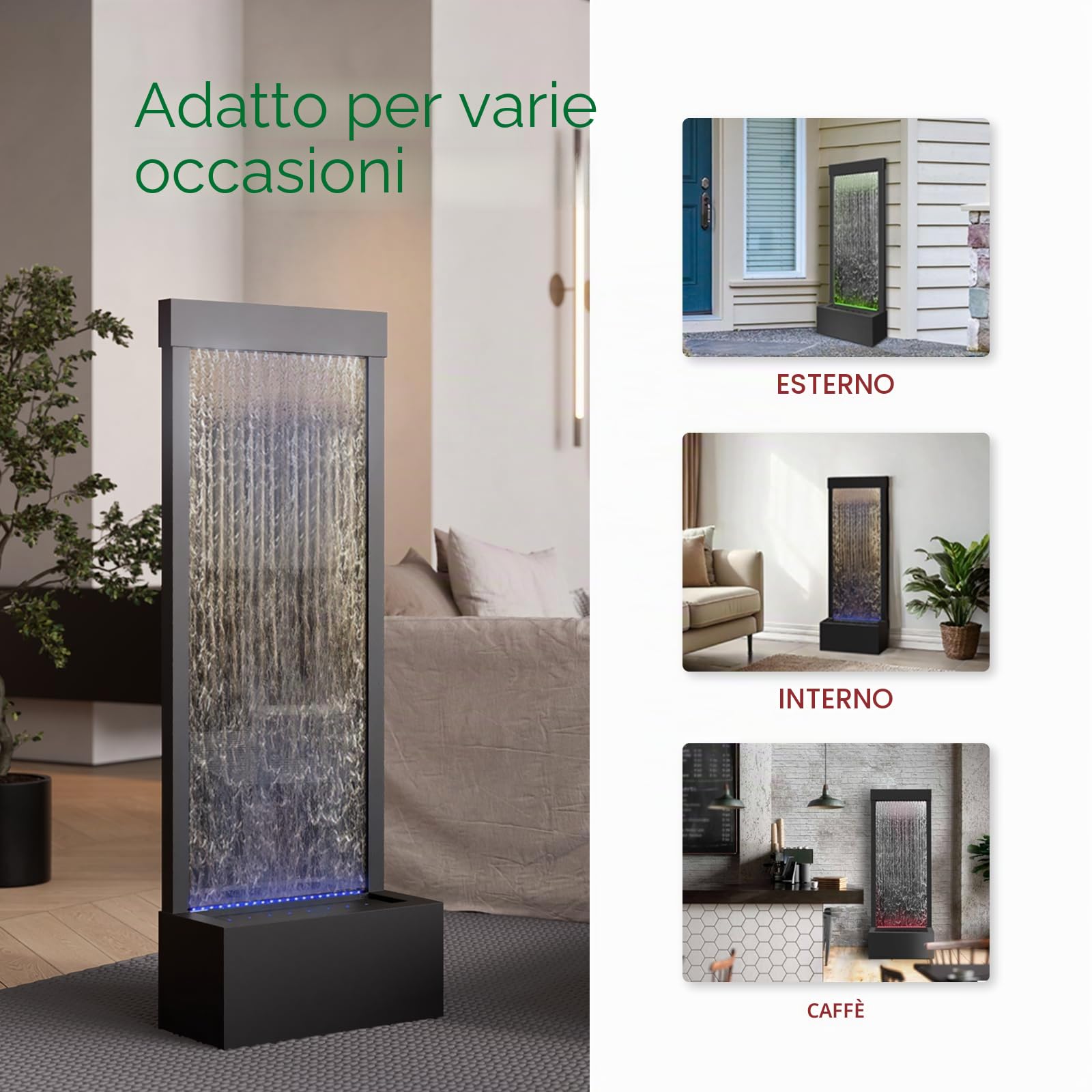 LONGRUN Fontana a cascata a specchio da interno con luce a LED controllata app, pavimento da giardino esterno in piedi, da 48 "Acqua di arredamento per la casa Caratteristica -Nero
