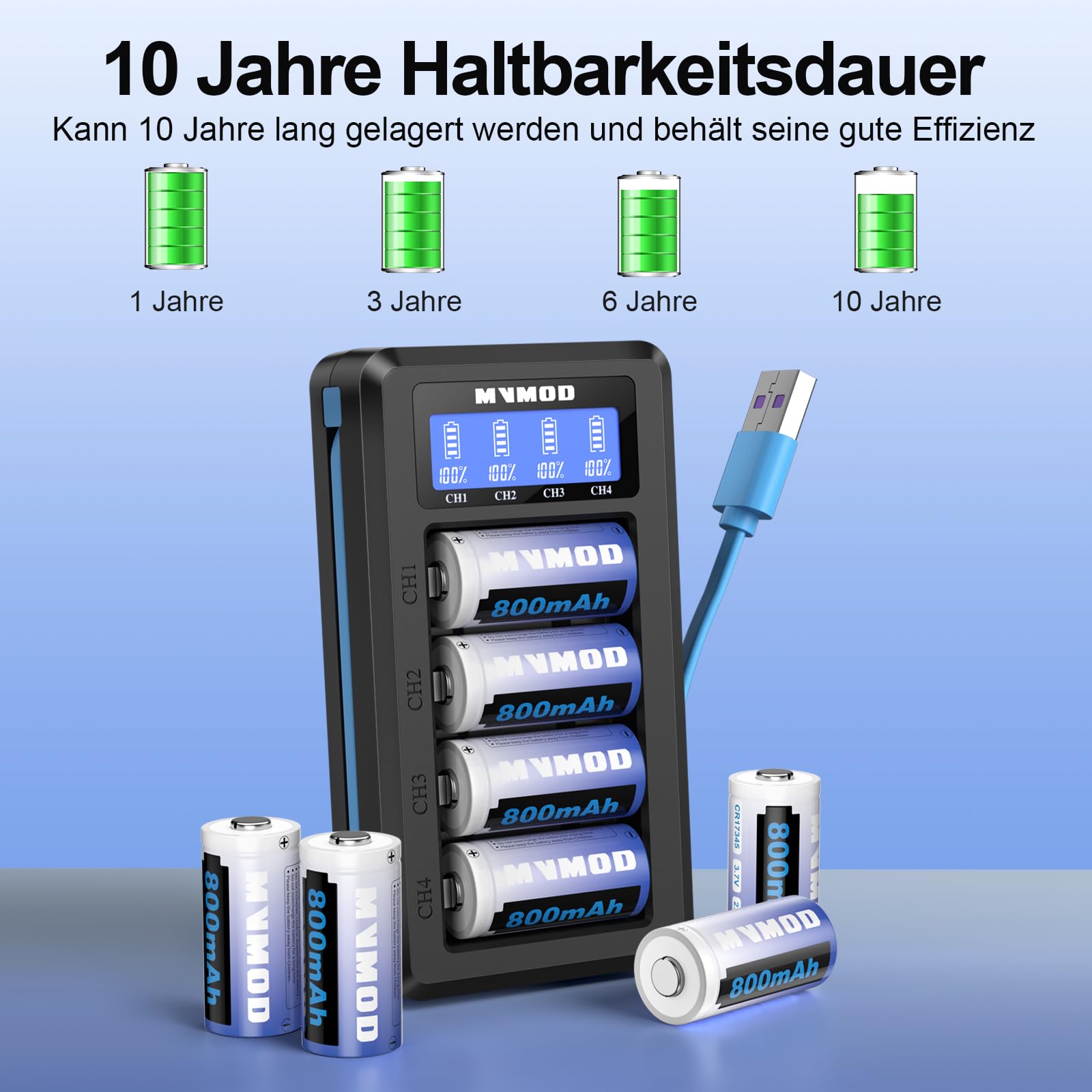 CR123A Wiederaufladbare Batterien 8 Packs, CR123A 3.7V Lithium-Batterien wiederaufladbar mit Ladegerät, CR17345 Batterie für Arlo Kamera VMC3030 VMK3200 VMS3330 3430 3530 Taschenlampen Mikrofon