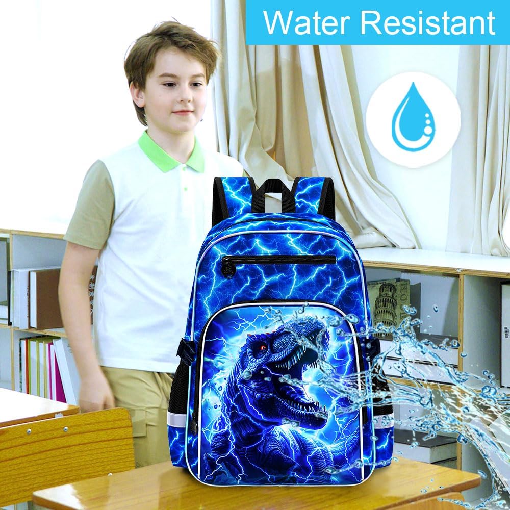 UFNDC Lightning Dinosaur Backpack for Boys, 3PCS Kids Bookbag Set with Clip-On Lunch Box, 17” Water Resistant School Bag for Elementary Preschool Toddler, CLIP & GO!