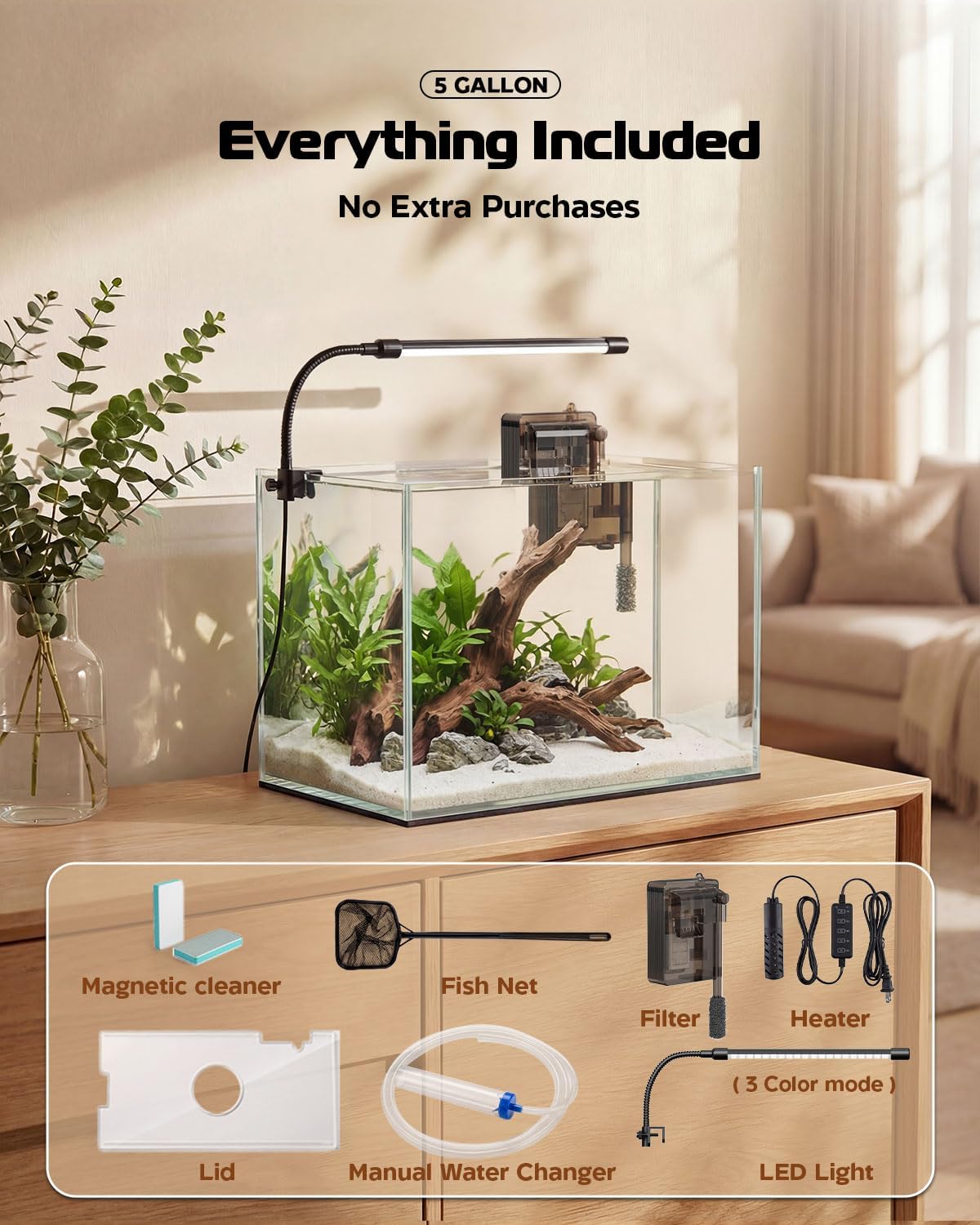 Glass Fish Tank Kit, 5 Gallon Betta Fish Tank Aquarium Starter Kit with Filter, Lights, Lid, for Betta, Goldfish, Small Fish or shrimg，Clear