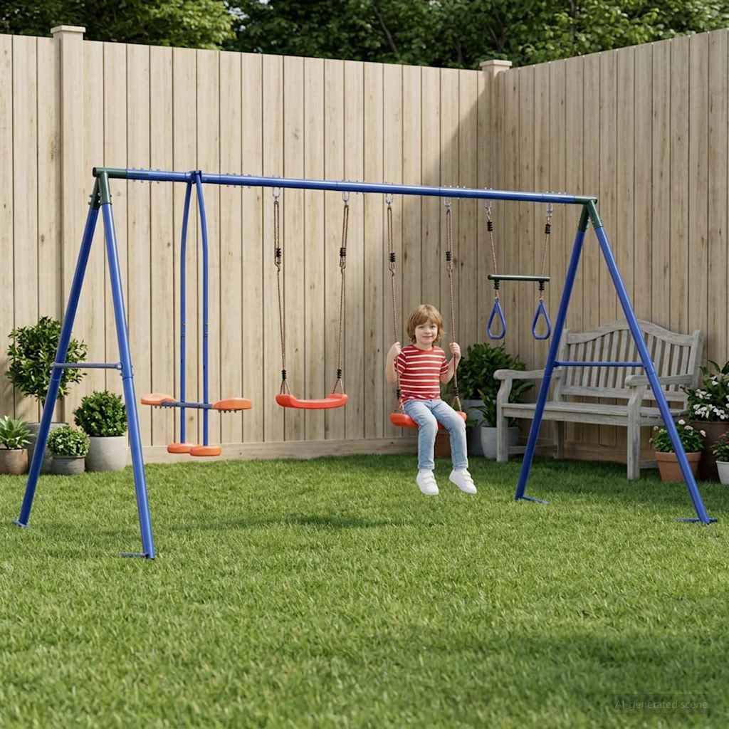 Mehrfarbiges Outdoor Schaukelset aus Stahl und PE 330 x 185 x 185 cm für Garten Hof Terrasse Spielplatz draußen schwingen klettern rutschen balancieren Kinder 3 bis 10 Jahre