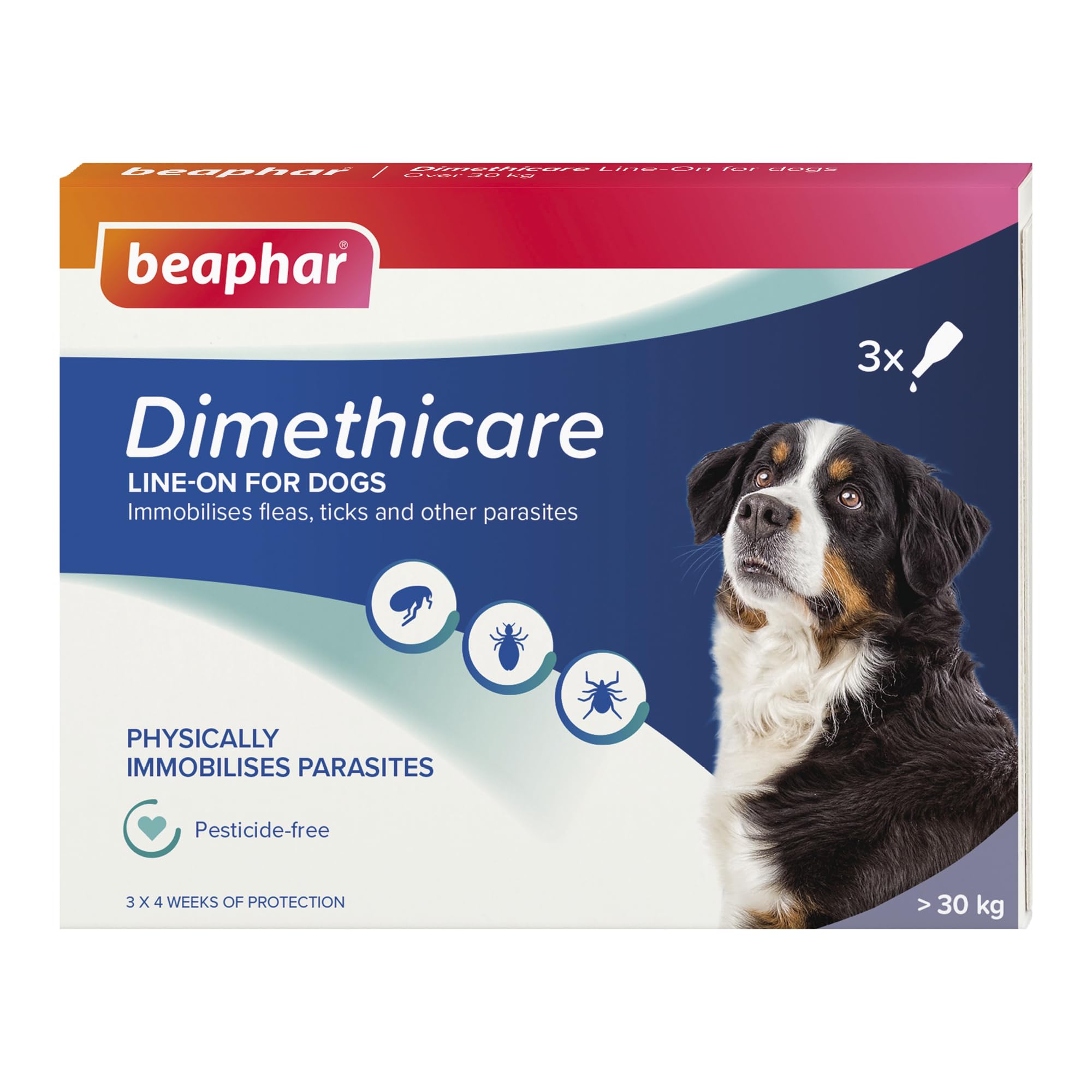 Beaphar - Dimethicare Line-On Flea & Tick Control for Large Dogs over 30kg – 3 pipettes - Physically Immobilises Fleas, Ticks & Other Parasites - Pesticide-Free – For Large Dogs from 12 weeks old