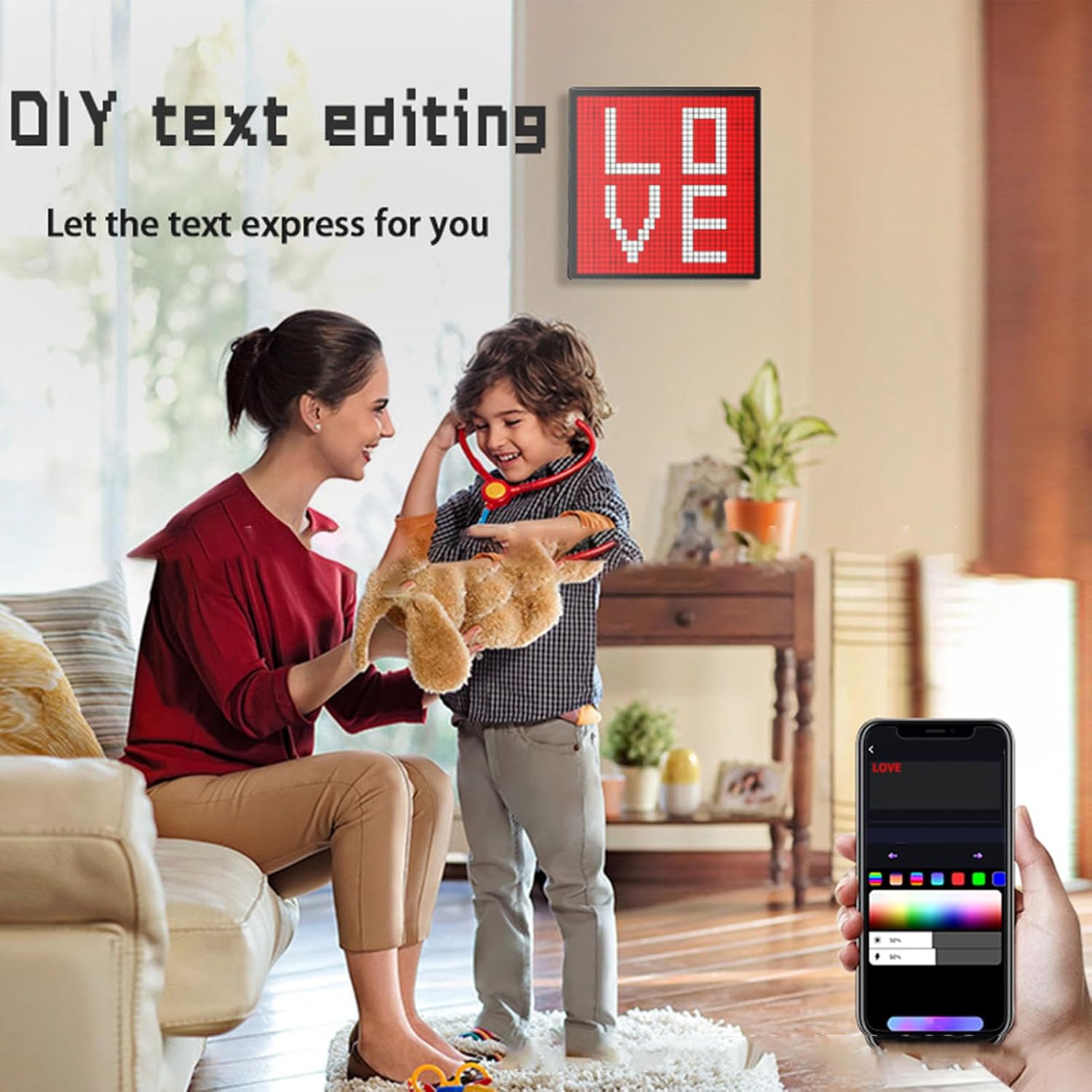 A person using a smartphone app to edit text on the Fockety LED Pixel Display, which shows 'LOVE' in pixel art