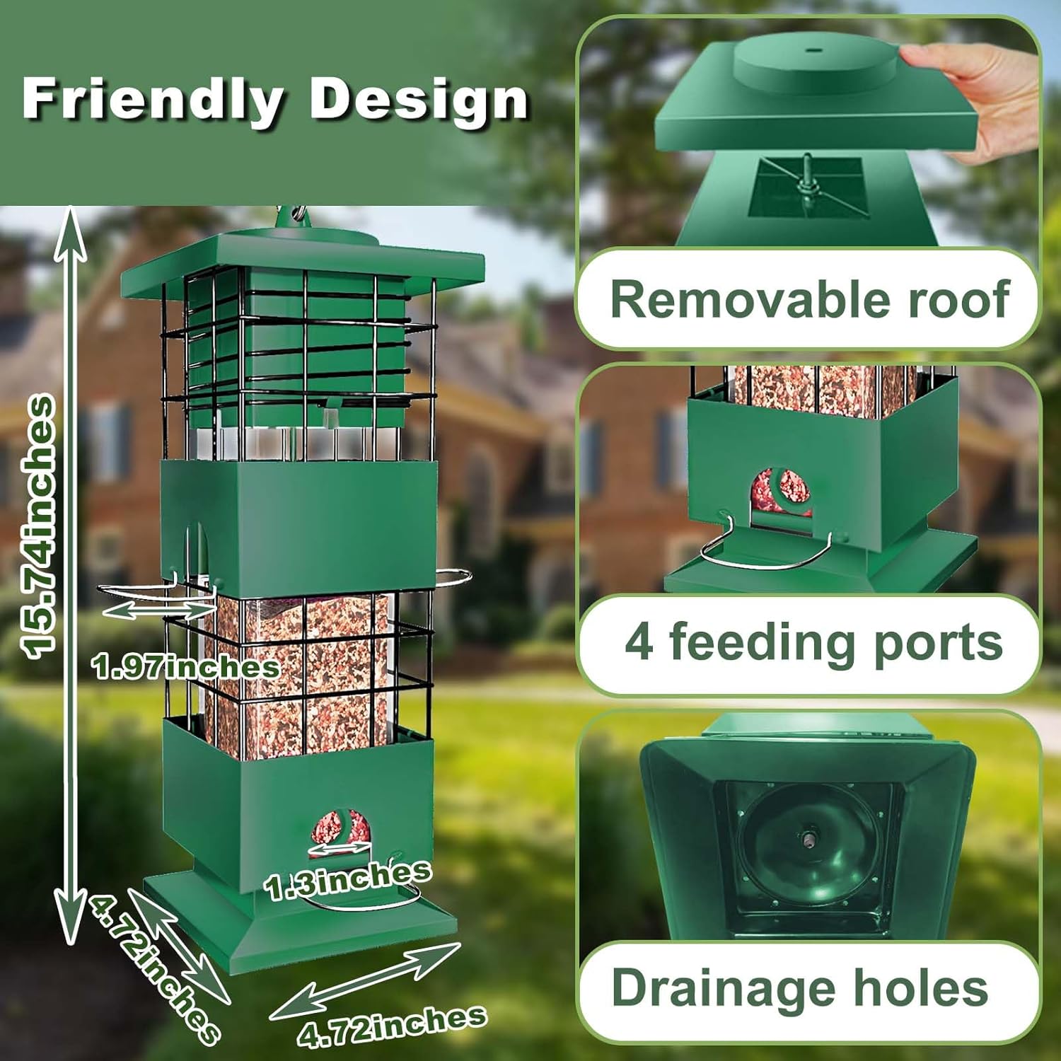 Bird Feeder Squirrel Proof, 3Lbs Metal Heavy Duty Birds Feeder with 4 Feeding Ports for Outdoors Hanging, Birdseed Feeder for Cardinal, Finch, Sparrow, Wild Birds, Outside (Green)