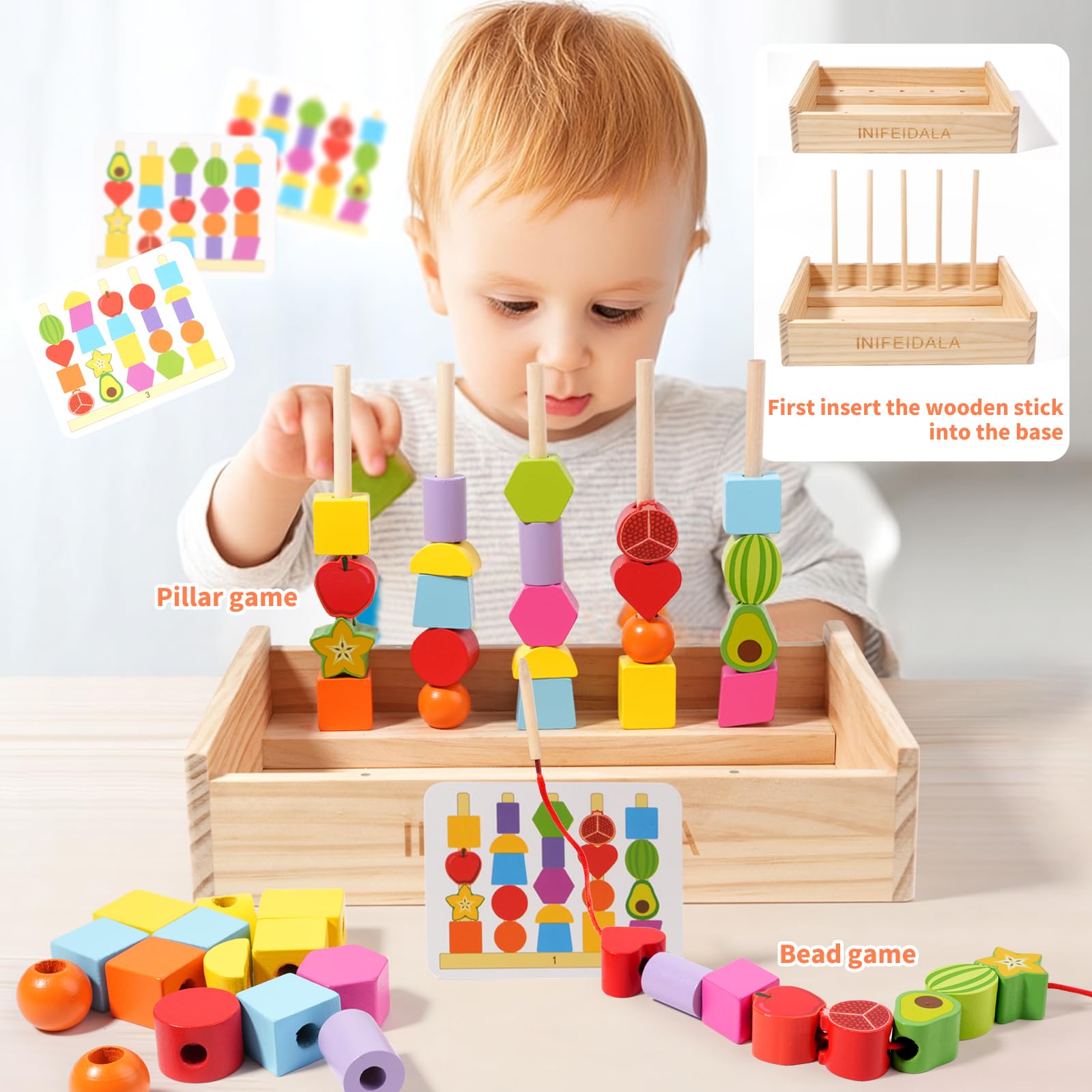 Montessori zabawki edukacyjne dla maluchów w wieku 3, 4, 5, 6 lat, koraliki do układania w stosy, tęczowe sznurowadła, różne kształty, drewniane zabawki dla chłopców i dziewcząt