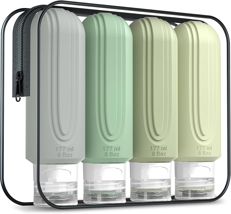 Mrsdry Frascos Recarregáveis de Silicone para Viagem com Bolsa de PVC, 177 mL, Mint-Grey-6oz, Pacote com 4