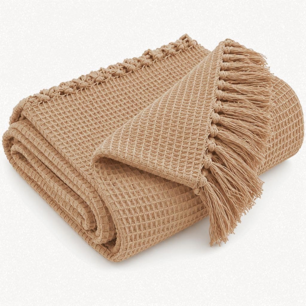 Ehc Tan Waffle Cotton Woven Large Sofa Throw 2 Seater Chair/Sofa/Bed 178 X 254Cm,