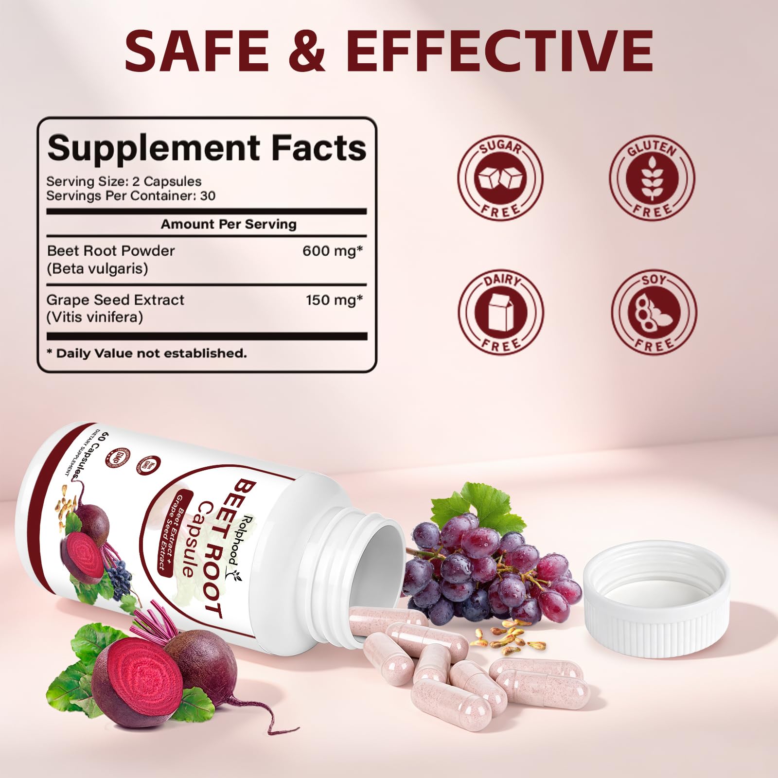 2 in 1 Organic Beet Root + Grape Seed Extract, Beet Root Capsules, Pure, Non-GMO & Gluten Free, 60 Beetroot Powder Capsules Supplement — Amazon image 2