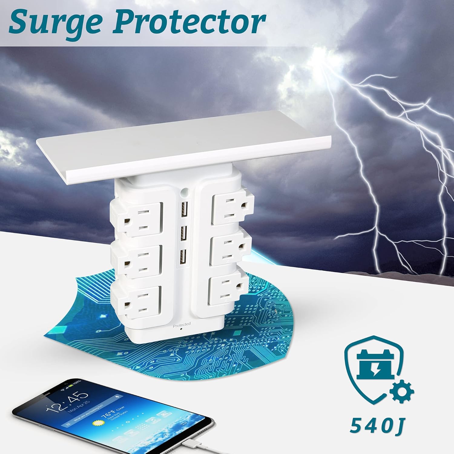 Rotating Power Strip Surge Protector Tower 540 Joules 6 Outlet Extender with 3 USB Ports and Removable Shelf Wall Mount for Home Office (1 pc with Shelf)