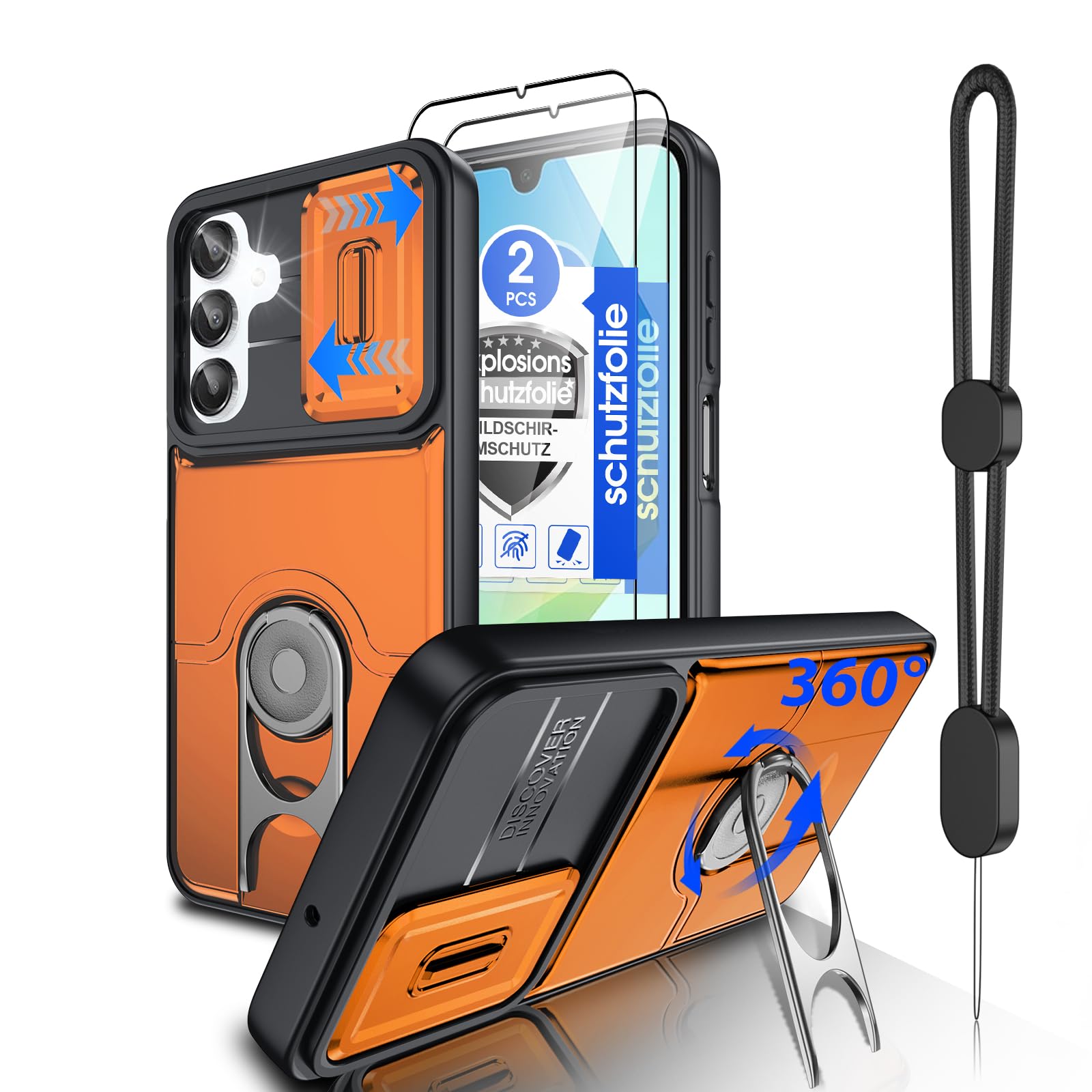 Dizn Aufsteller Hülle für Samsung Galaxy A16/A17/A26 5G: 2 Schutzfilm Folie,Kammeraabdeckung Schieber, mit Handschlaufe,360 Metall Ring, Militär Standard Stoßfestem,Handycover A 26/A 16/A 17 4G,Orange