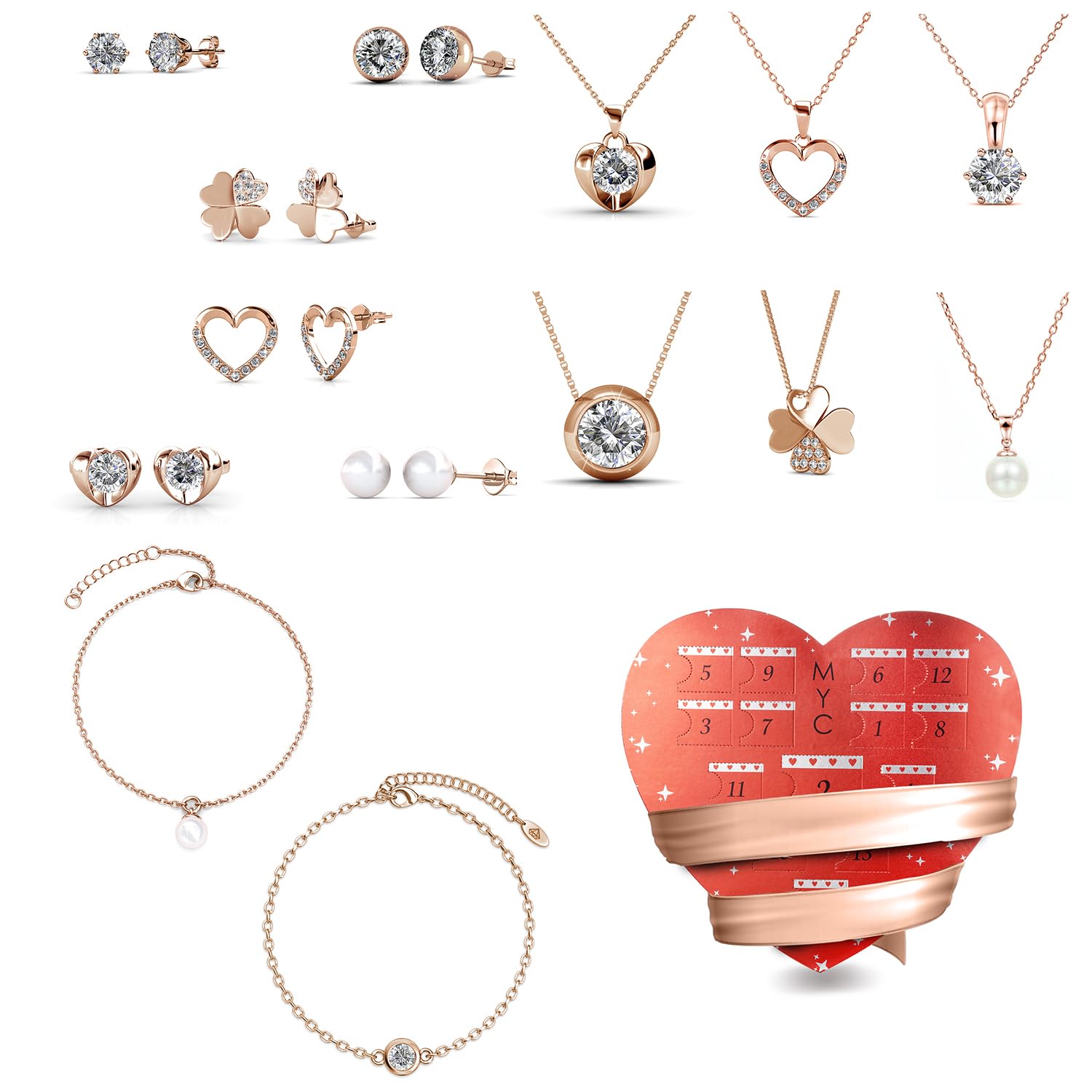 Adventskalender Herz 14 Schmuck 18 Karat Roségold und Messing mit österreichischen Kristallen - Geschenk zum Geburtstag, Muttertag, Weihnachten, Kristall, Kristall