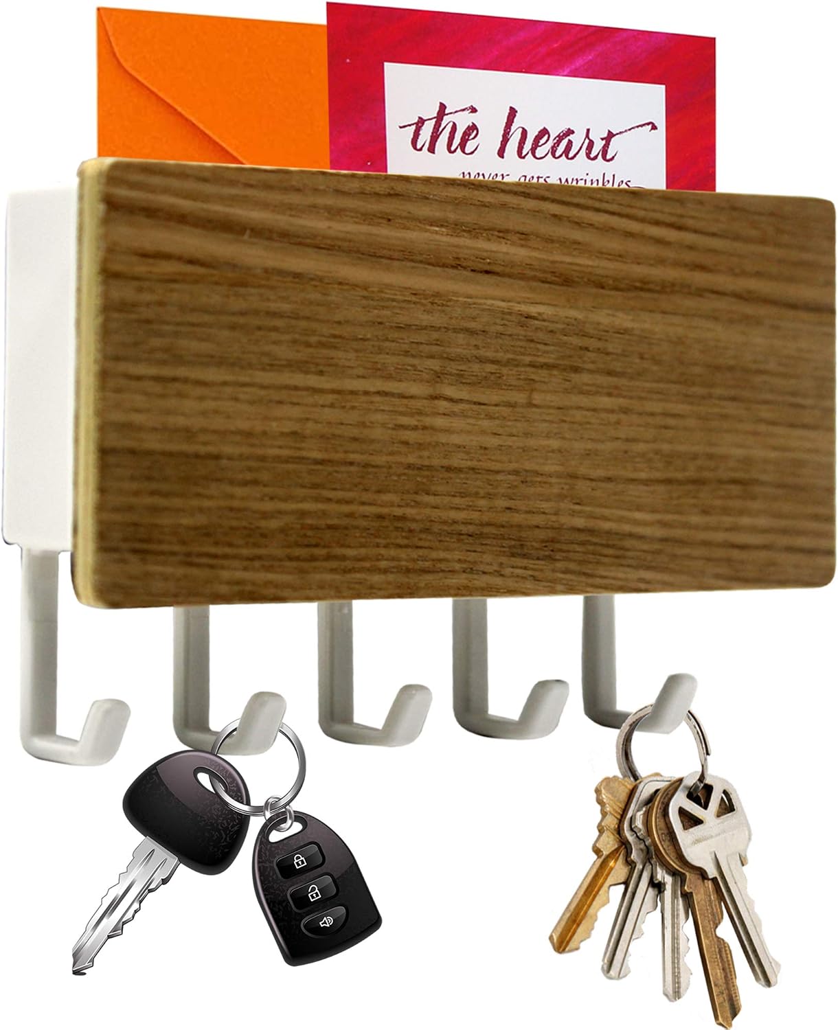 Hivory Mail & Key Holder for Wall Decorative ~ 5 Key Hooks ~ Wall Mounted Key Organizer & Racks ~ Easy Mount for Entryway, Bathroom, Living Room, Kitchen (Silver Oak)