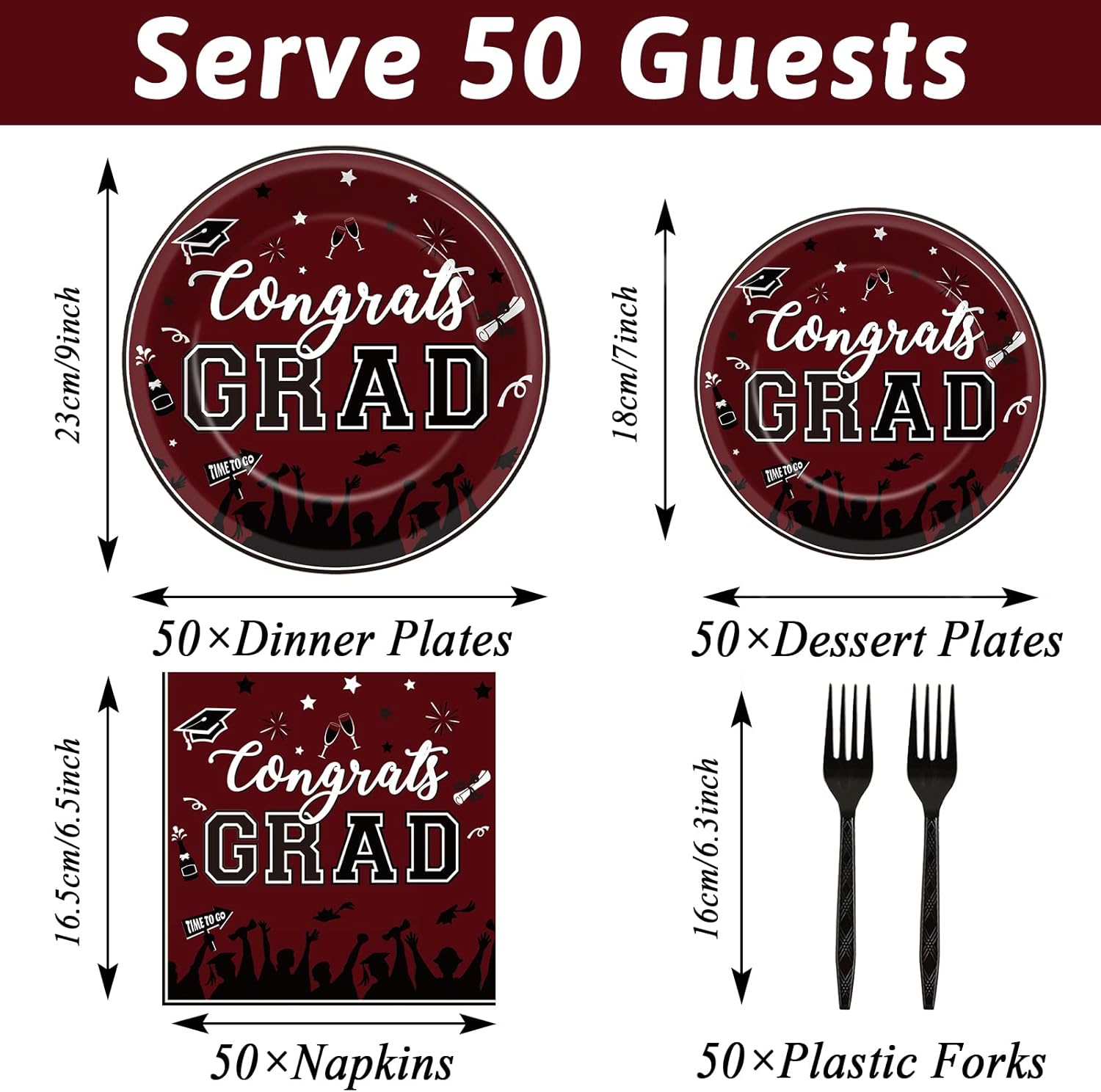 gisgfim 50 Guests Graduation Party Plates Napkins Maroon 2026 Congrats Grad Tableware Set Class of 2026 Party Supplies Disposable Plates Napkins Forks for Grad Party Decorations