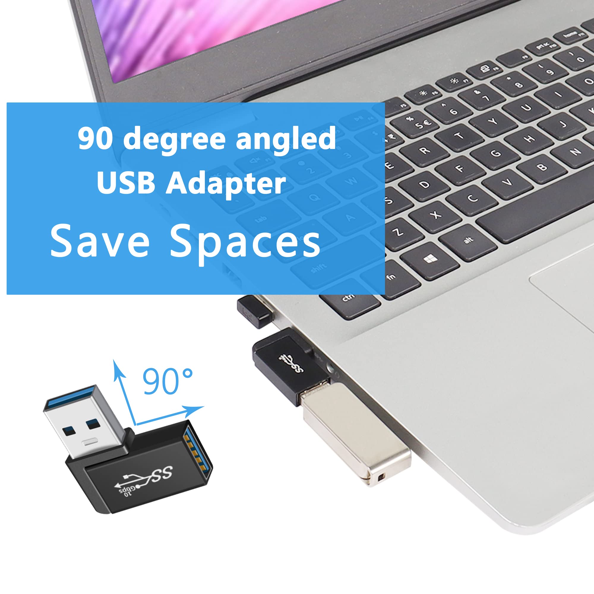 2x USB 3.2 Adapter Rechtwinklig – 10 Gbps, 5V/3A, Abwärts Gerichtet, Für Enge Anschlüsse