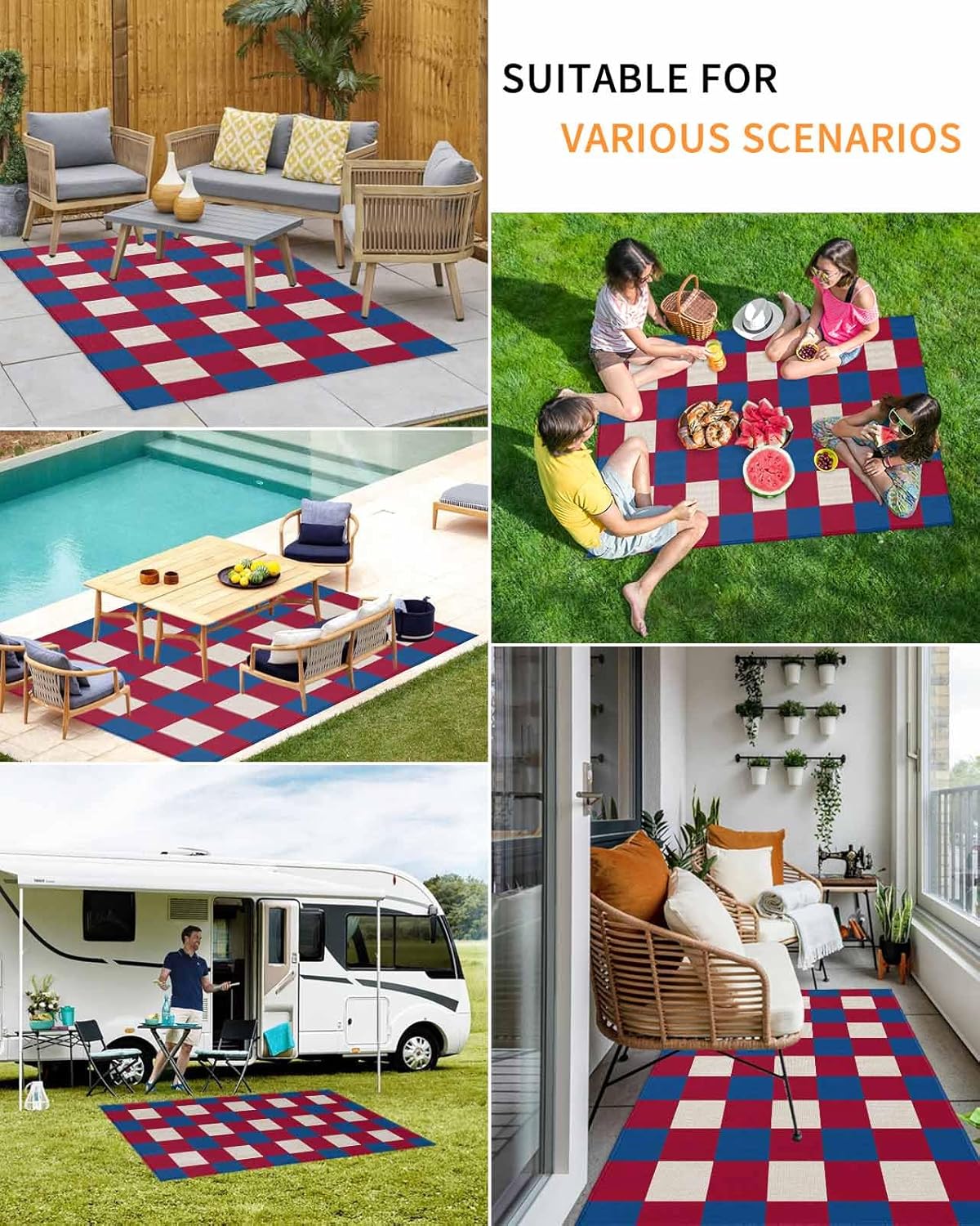 July 4th Outdoor Rug 4x6ft Retro Red Blue White Plaid Large Patio Mats Independence Day Flag Theme Area Rugs Non Shedding Carpet for Patio Backyard Porch Deck Camping Indoor Living Room