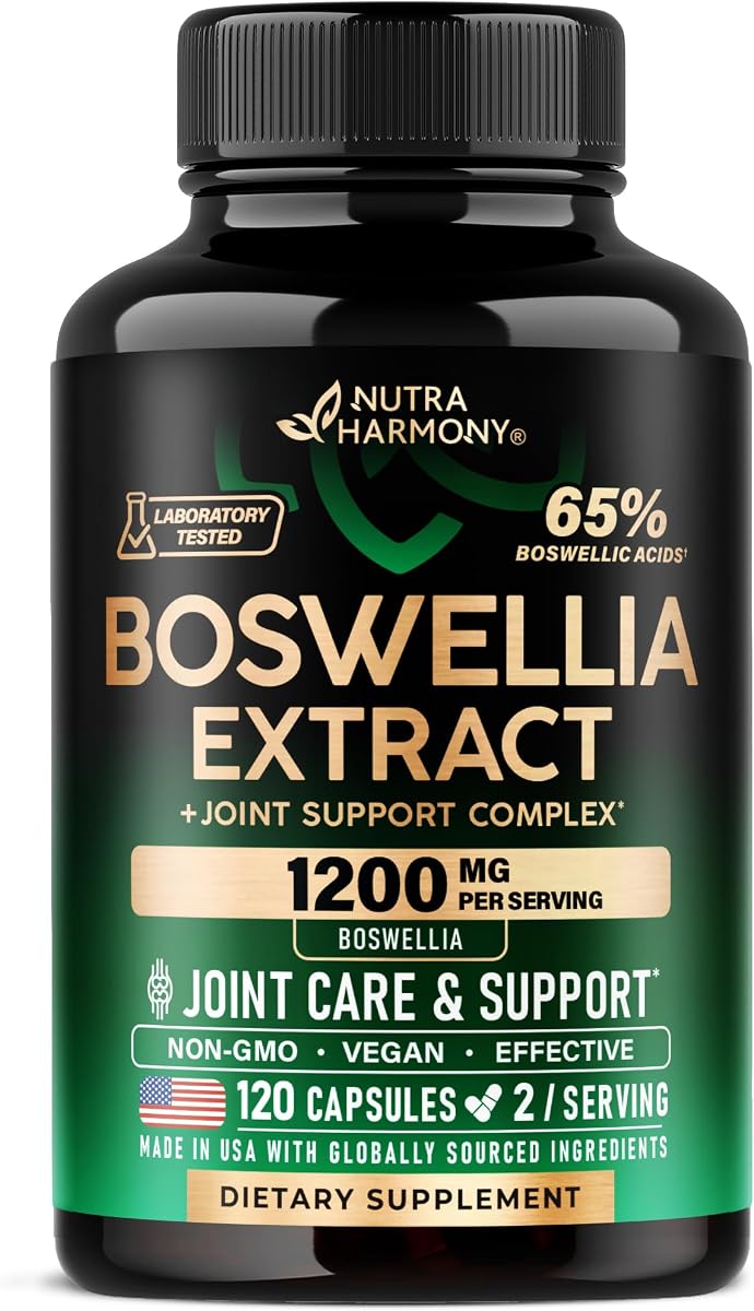 Boswellia 1200mg - Joint Health & Comfort, Mobility Support - 120 Caps | Boswellia Extract, Turmeric, Hyaluronic Acid, MSM, SAMe - Joint Supplement for Men & Women - 65% Boswellic Acid - Lab Tested
