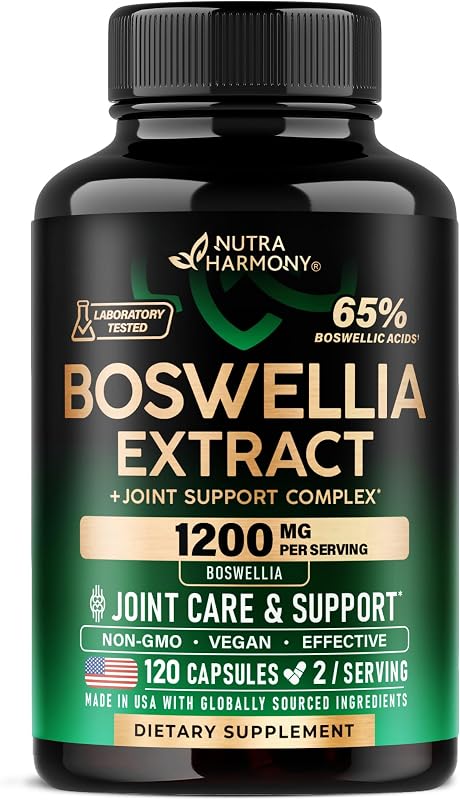 Boswellia 1200mg - Joint Health & Comfort, Mobility Support - 120 Caps | Boswellia Extract, Turmeric, Hyaluronic Acid, MSM, SAMe - Joint Supplement for Men & Women - 65% Boswellic Acid - Lab Tested