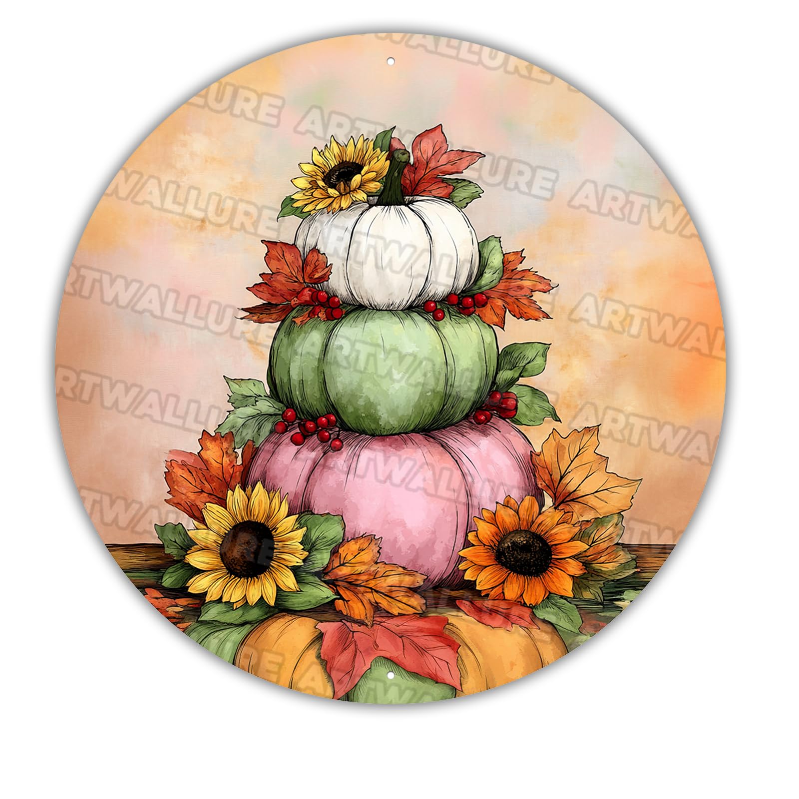 Thanksgiving Fall Pumpkin Metal Tin Sign Autumn White Teal Pink Sunflower Maple Leaves Vintage Retro Wall Art Farmhouse Decor Outdoor Home Decoration 12x12inch
