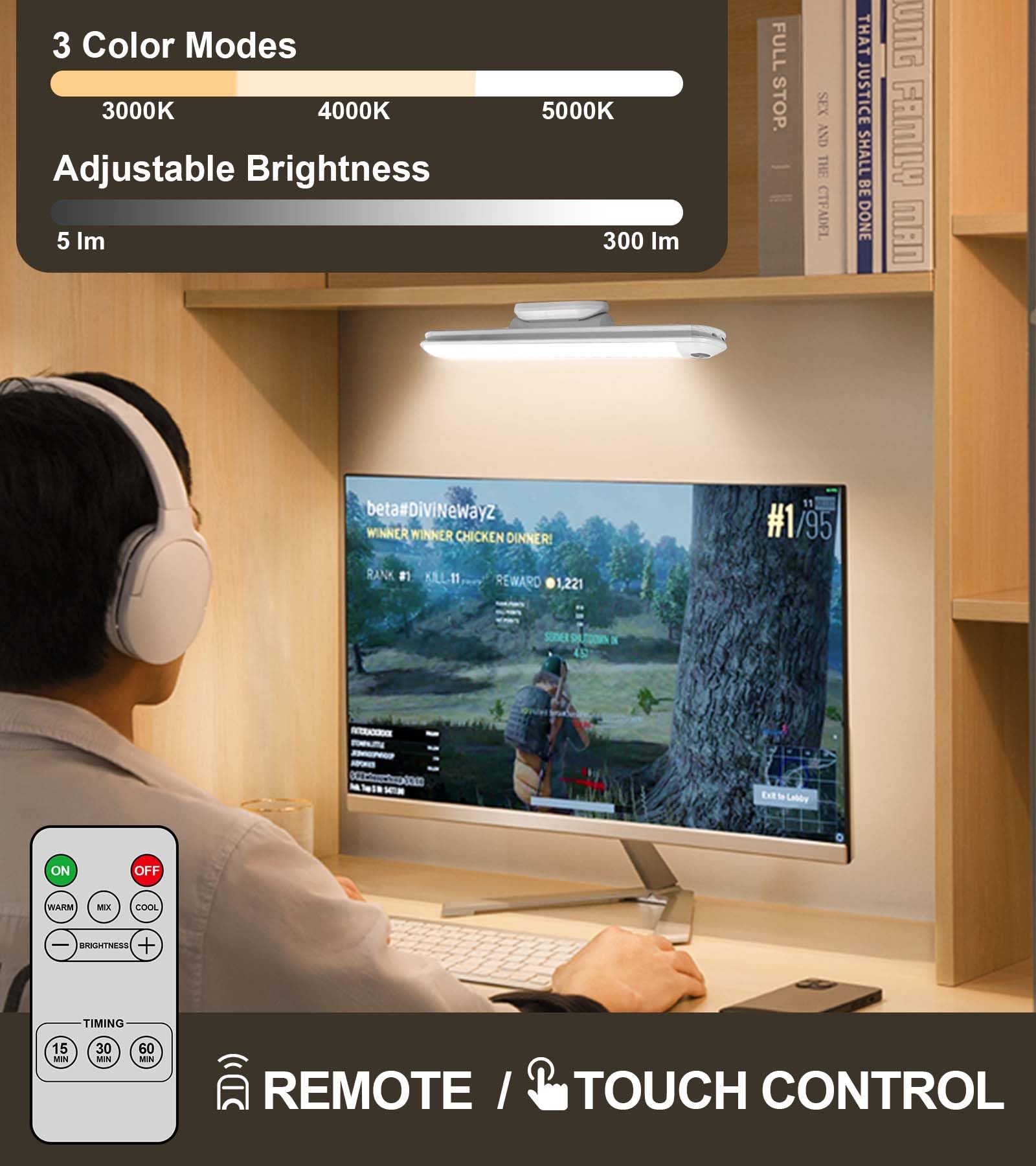 KAGWON Rechargeable Touch Light Bar with Remote Dimmable LED Mirror Lights for Makeup Stick on Wall Reading Bunk Bed Lighting Built-in 5W 2400mAh Battery Headboard Lamp