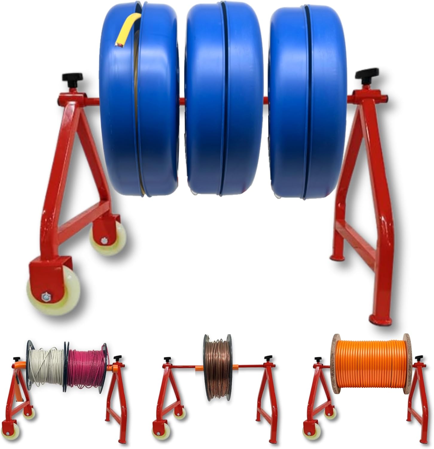 3 Blue Wire Reel Dispensers and Wheeled Caddy
