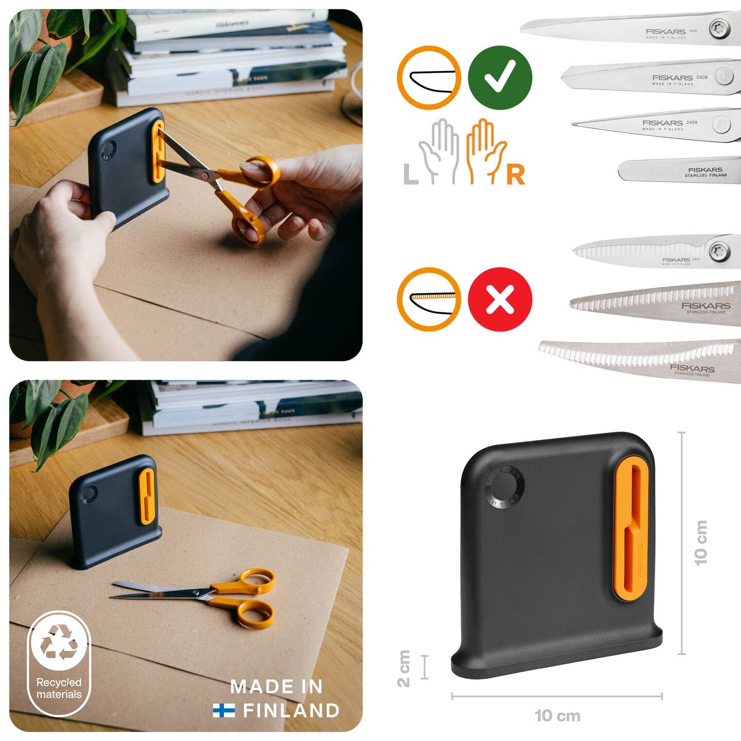 Fiskars Afilador de Tijeras, Idóneo Para Tijeras Multiusos Para Diestros, Diseño Ergonómico, Mínimo 55% de Material Reciclado, Carcasa de ABS Reciclado al 80%, Negro/Naranja, 1081129